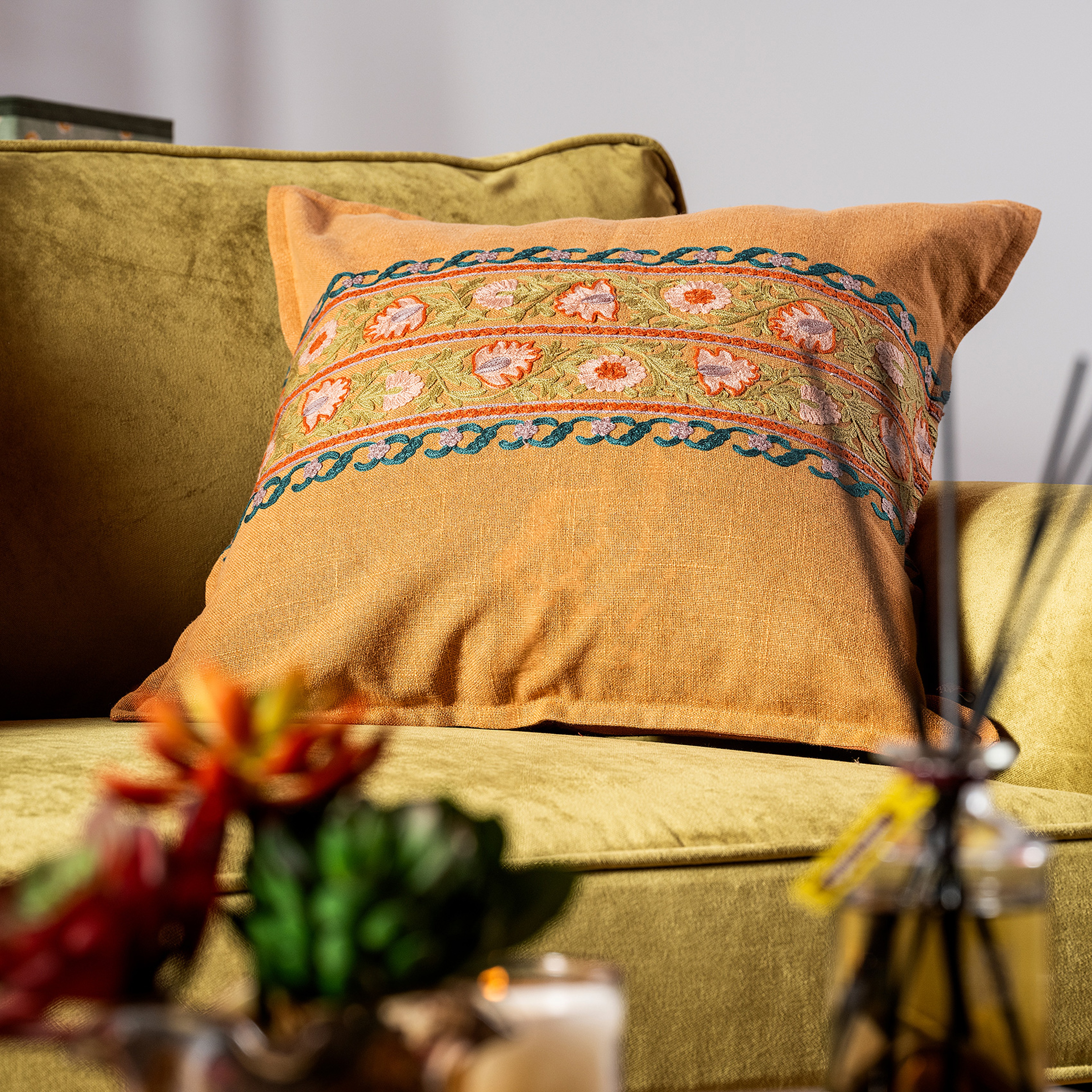 Bundı El Baskısı Pamuk Pamuk Dolgulu Kırlent 50x50 Cm Turuncu