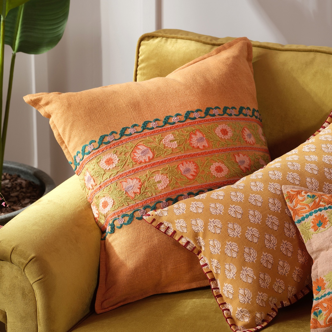 Bundı El Baskısı Pamuk Pamuk Dolgulu Kırlent 50x50 Cm Turuncu