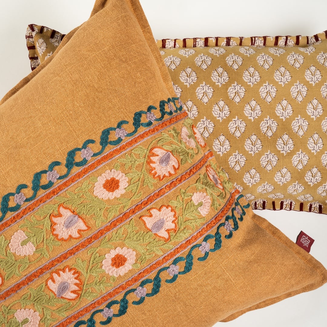 Bundı El Baskısı Pamuk Pamuk Dolgulu Kırlent 50x50 Cm Turuncu