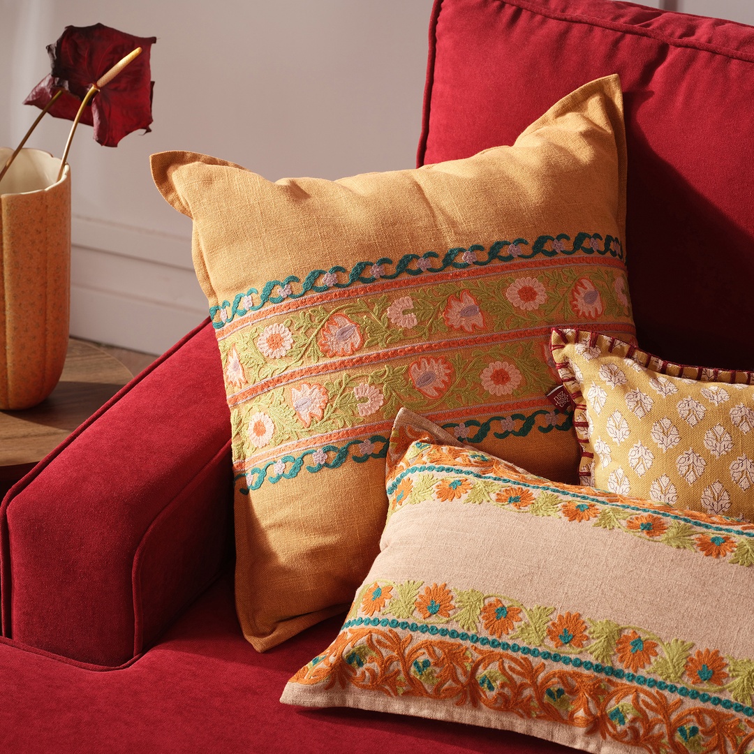 Bundı El Baskısı Pamuk Pamuk Dolgulu Kırlent 50x50 Cm Turuncu