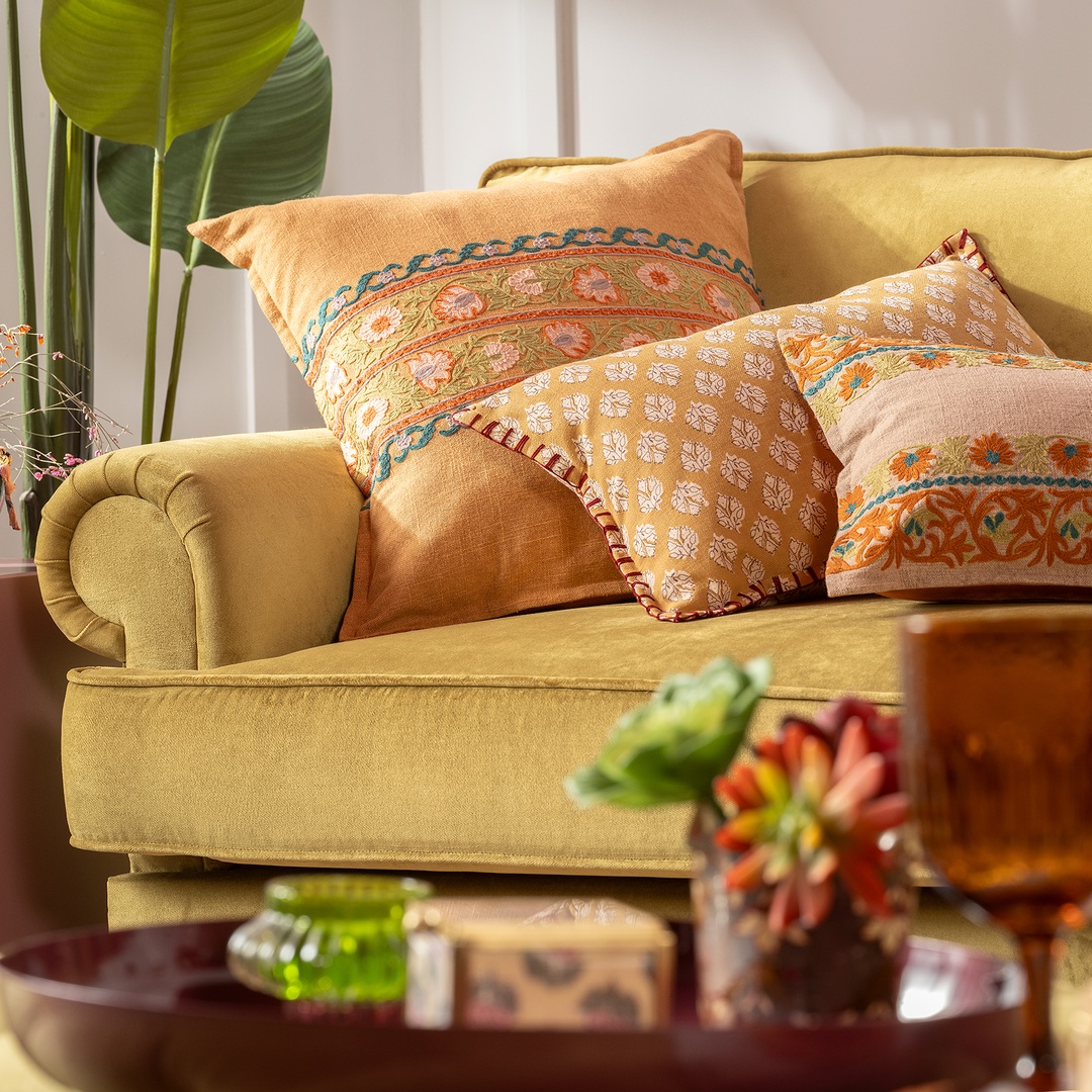 Bundı El Baskısı Pamuk Pamuk Dolgulu Kırlent 50x50 Cm Turuncu