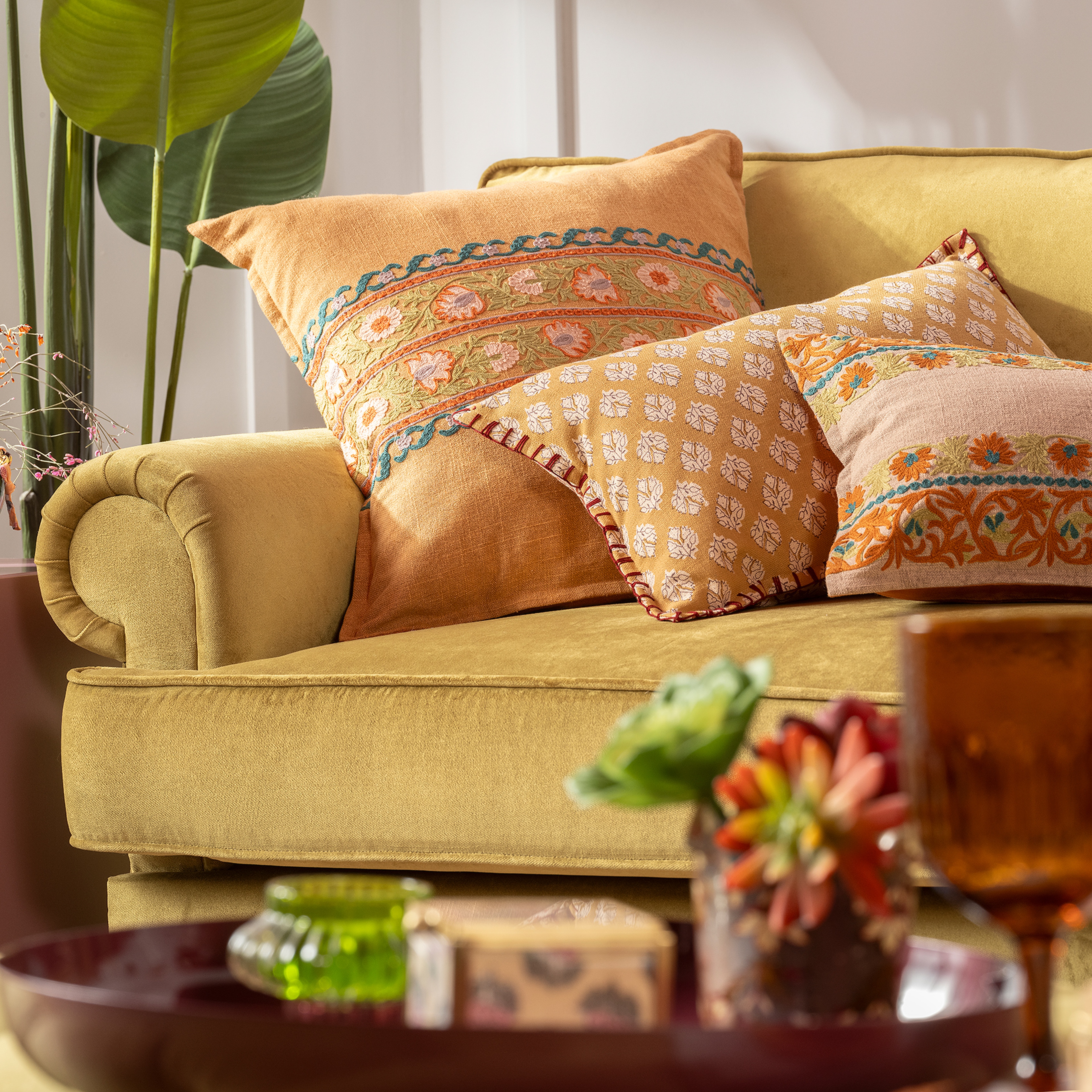 Bundı El Baskısı Pamuk Pamuk Dolgulu Kırlent 50x50 Cm Turuncu