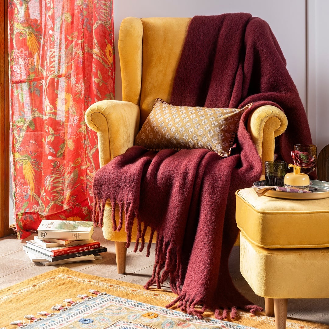 Ropar Saçaklı Akrilik Yün Akrilik Yün Koltuk Şalı 140x180 Cm Vışne