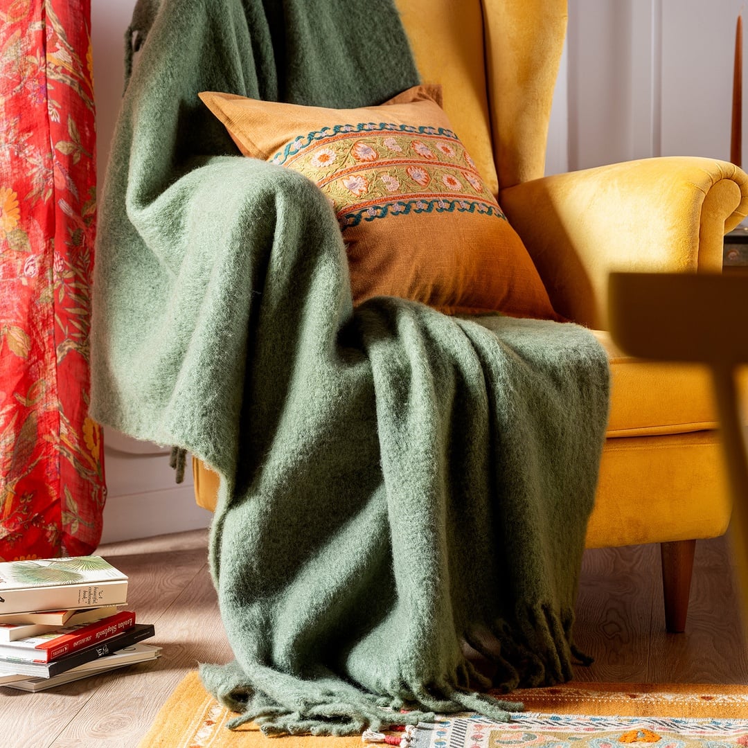 Ropar Saçaklı Akrilik Yün Akrilik Yün Koltuk Şalı 140x180 Cm Orman Yeşilı