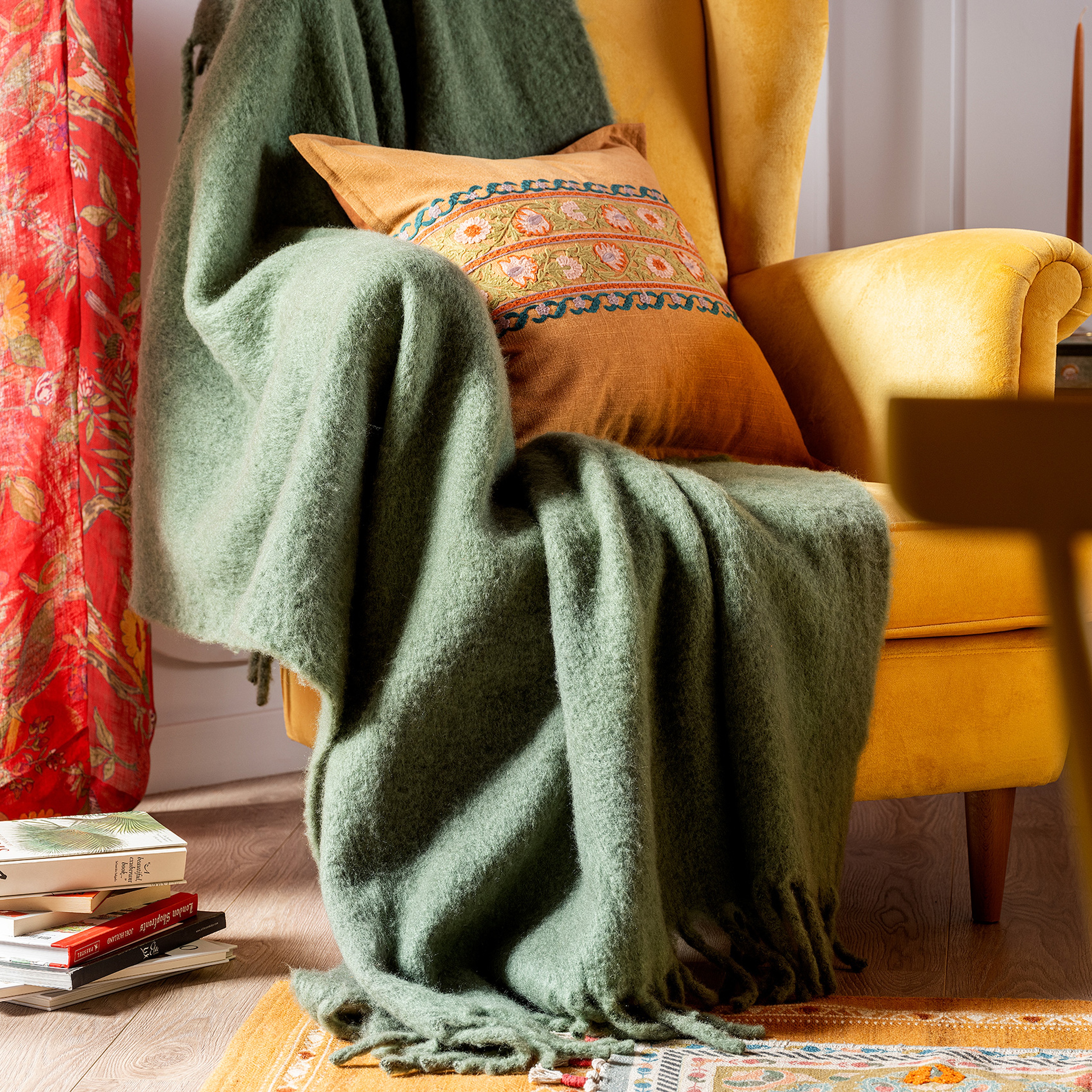 Ropar Saçaklı Akrilik Yün Akrilik Yün Koltuk Şalı 140x180 Cm Orman Yeşilı