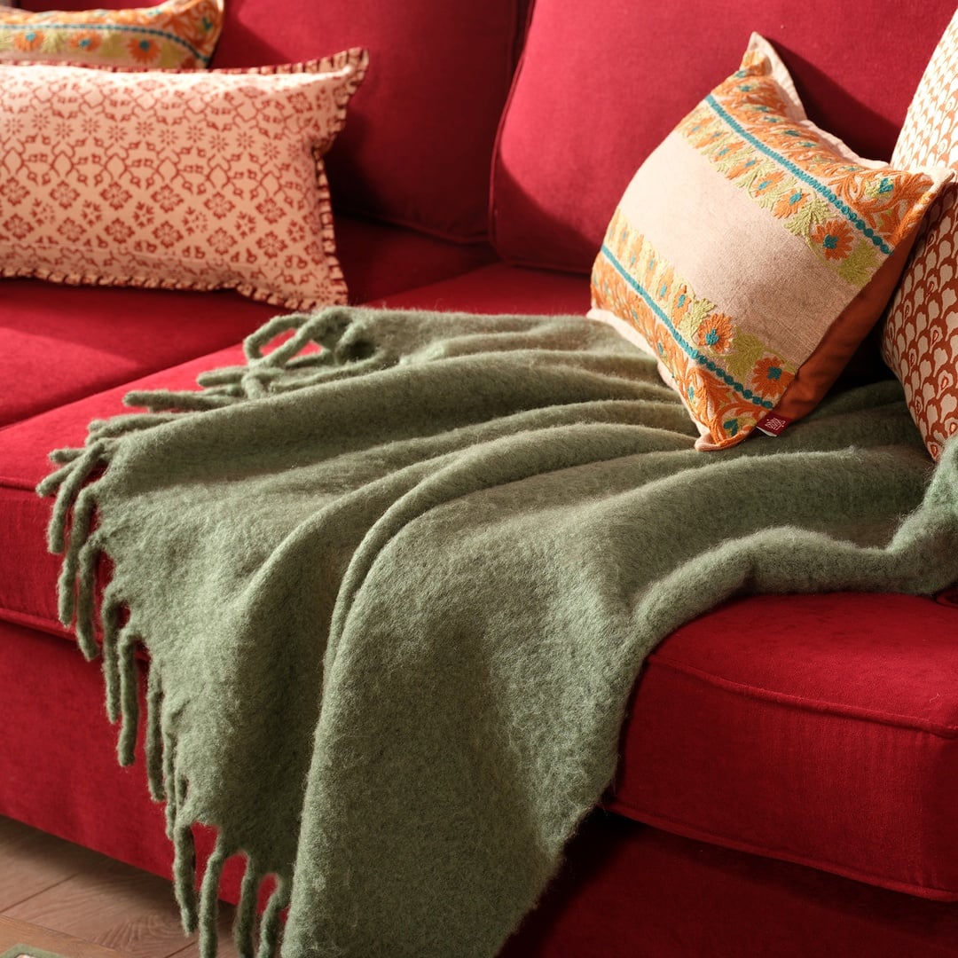 Ropar Saçaklı Akrilik Yün Akrilik Yün Koltuk Şalı 140x180 Cm Orman Yeşilı