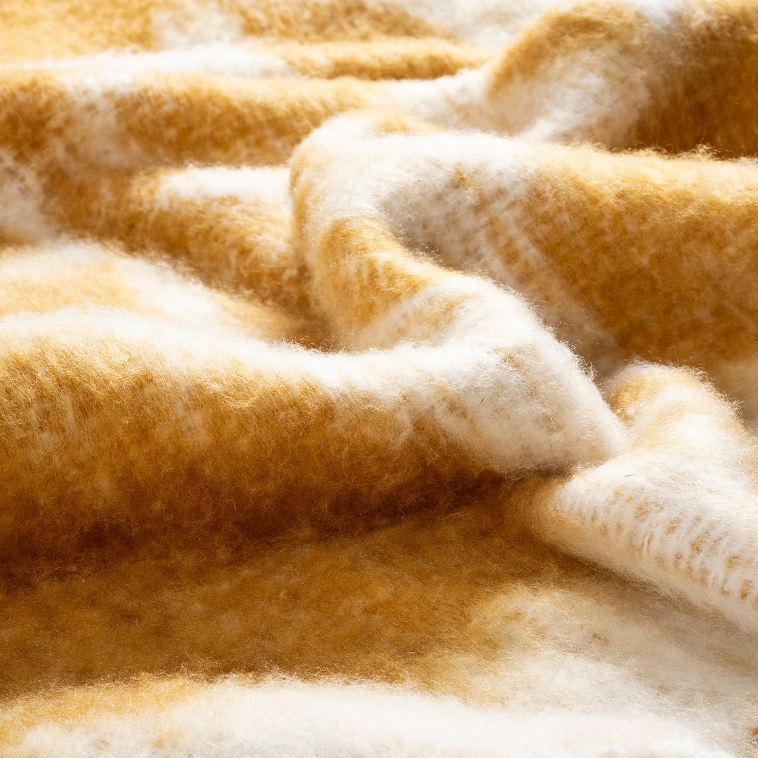 Ropar Saçaklı Jakarlı Akrilik Yün Akrilik Yün Koltuk Şalı 130x180 Cm Hardal Sarısı - Ekru