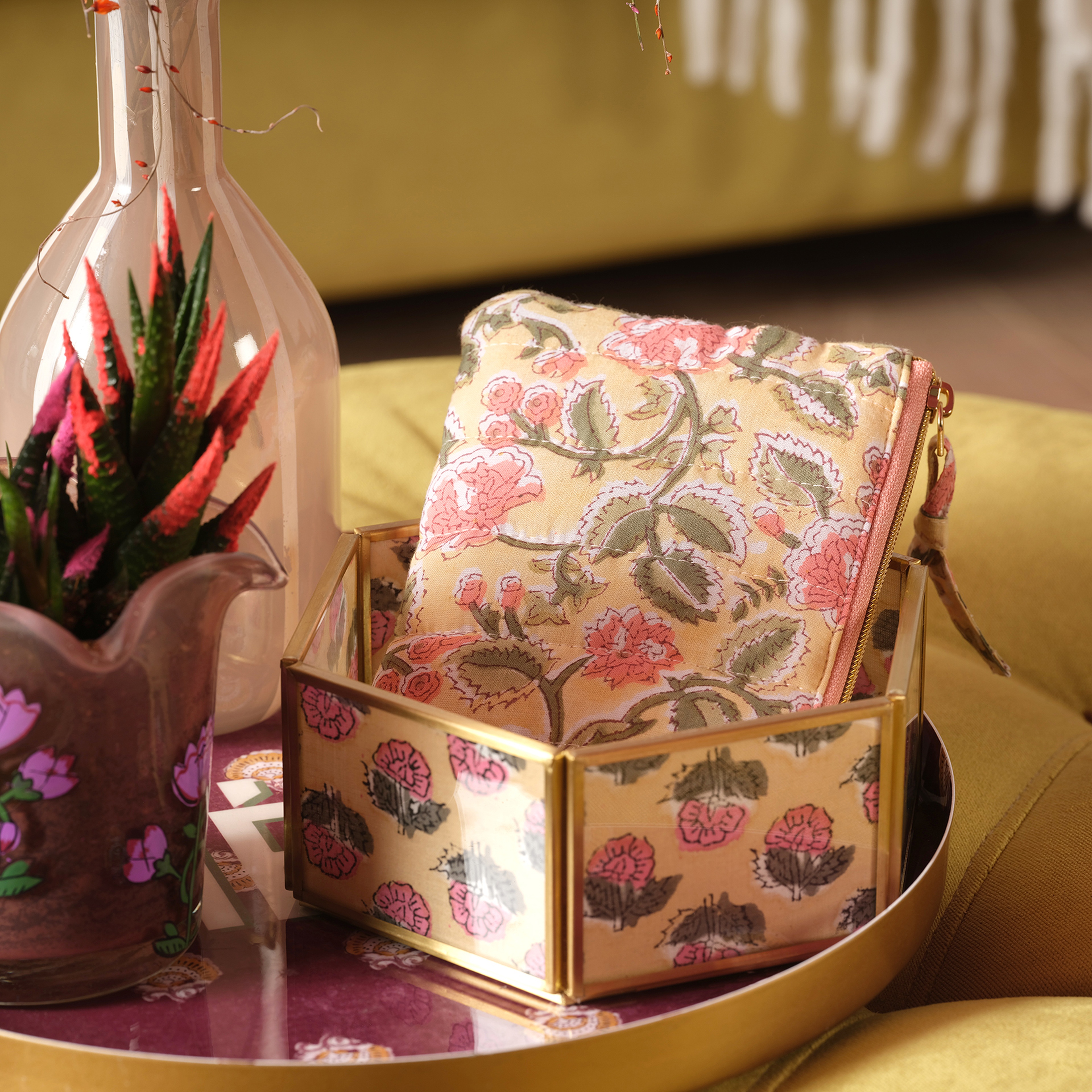 Delhı El Baskısı 3'lü Pamuk Pamuk Makyaj Çantası 16x24 Cm Renkli