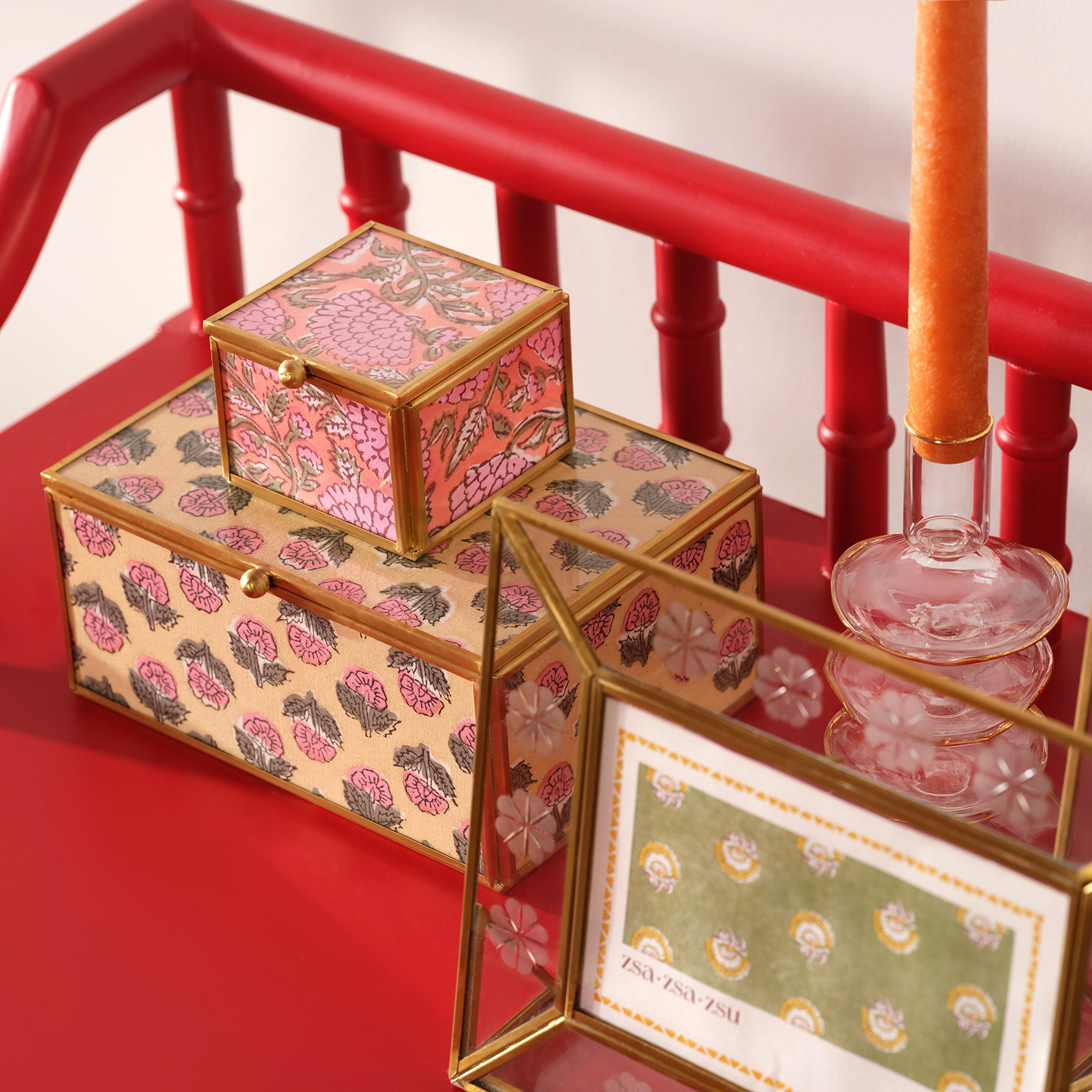 Fagu Cam Dekoratif Kutu 19x14x9 Cm Pembe - Yeşil