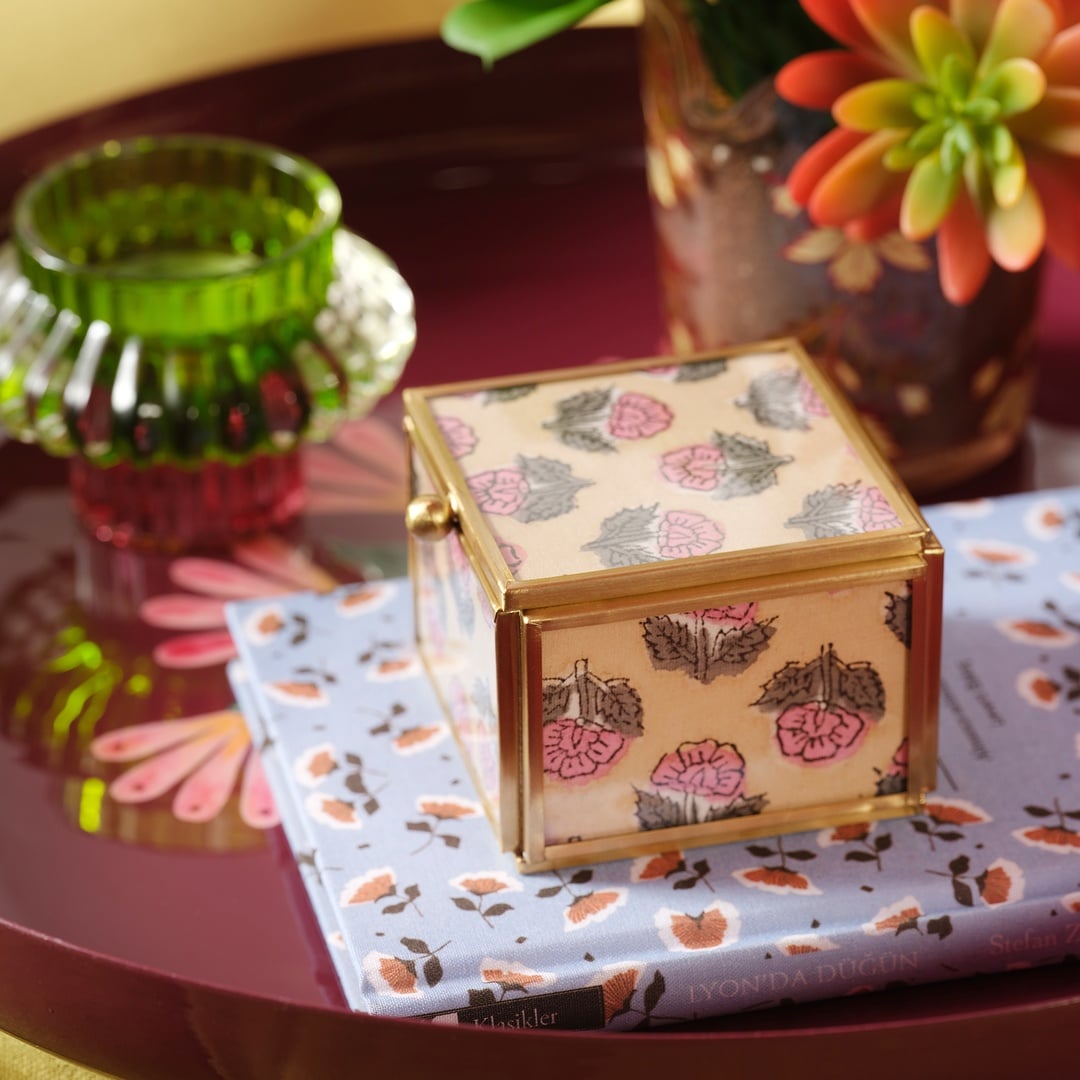 Fagu Cam Dekoratif Kutu 8x8x6 Cm Pembe - Yeşil