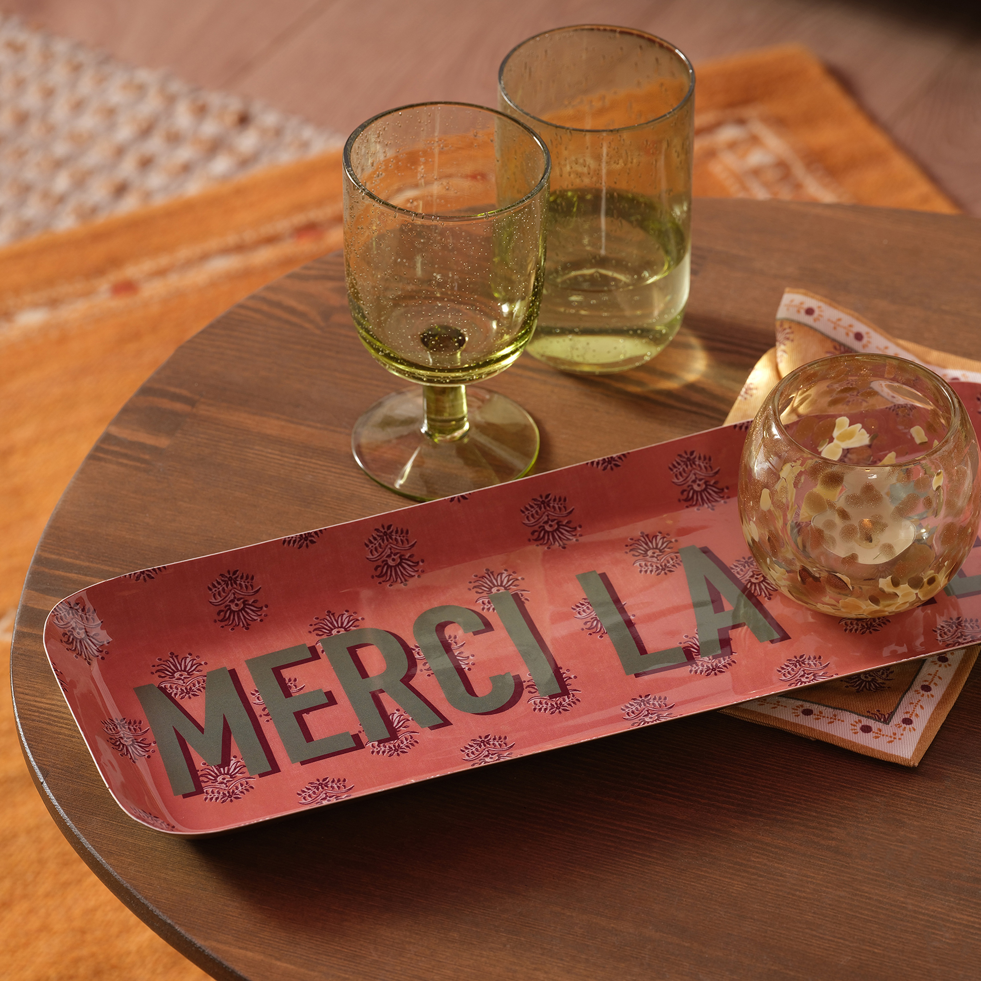 Nanpur Metal Dekoratif Tepsi 42x15x2 Cm Pembe - Yeşil