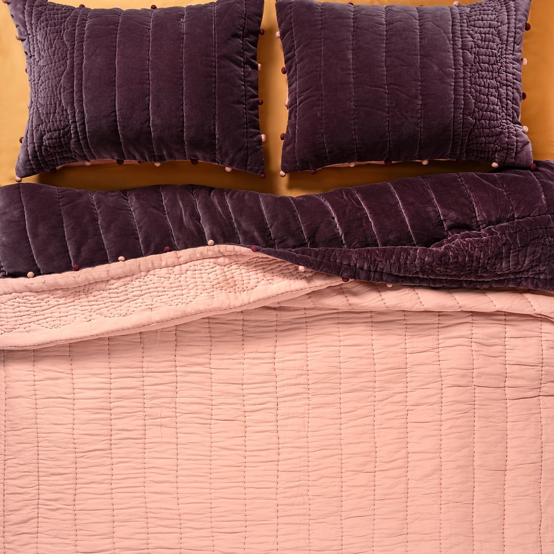 Okhla El İşi Kapitoneli Pamuk Kadife Pamuk Kadife Yatak Örtüsü Seti 260x280 Cm Vışne - Kıl