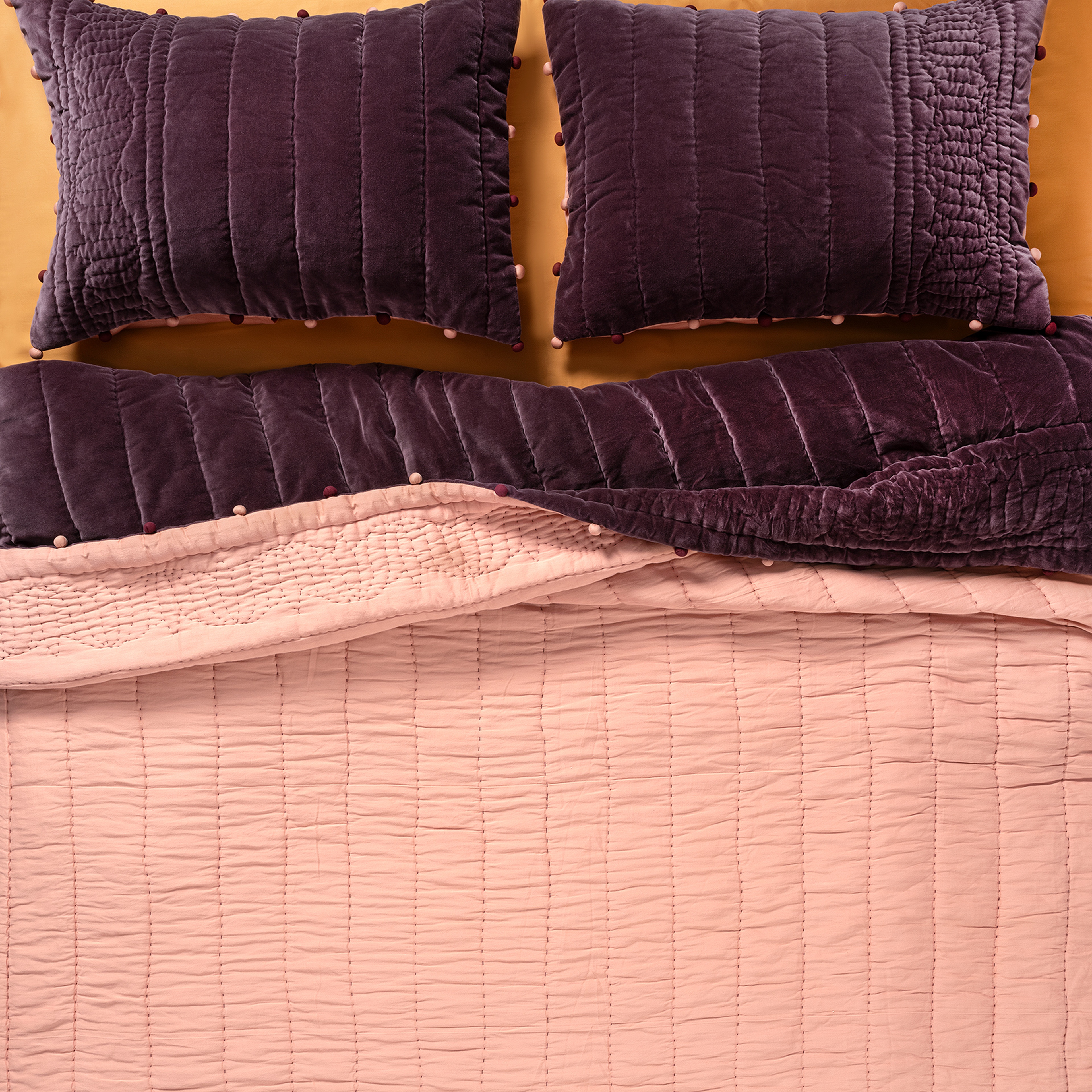 Okhla El İşi Kapitoneli Pamuk Kadife Pamuk Kadife Yatak Örtüsü Seti 260x280 Cm Vışne - Kıl