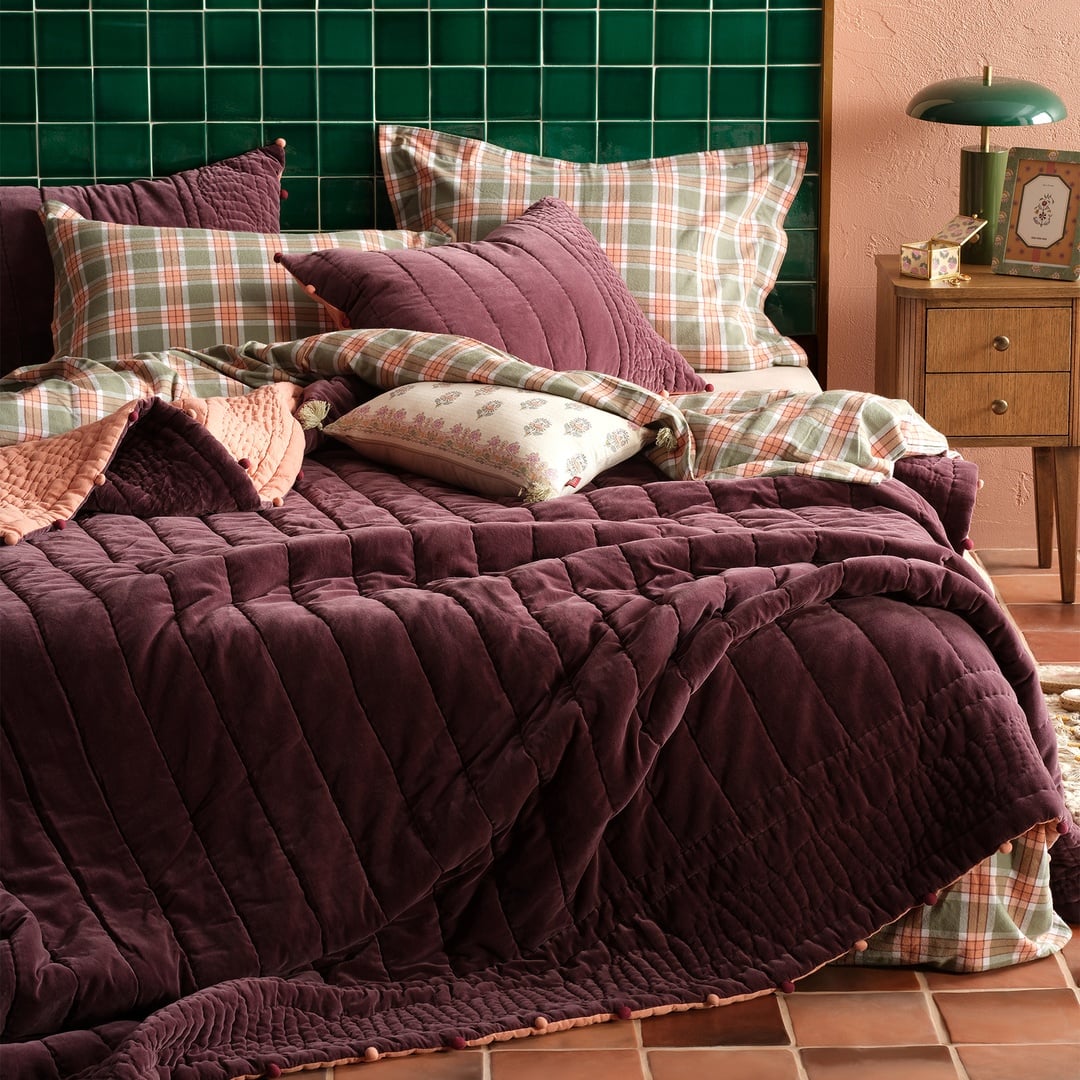 Okhla El İşi Kapitoneli Pamuk Kadife Pamuk Kadife Yatak Örtüsü Seti 260x280 Cm Vışne - Kıl