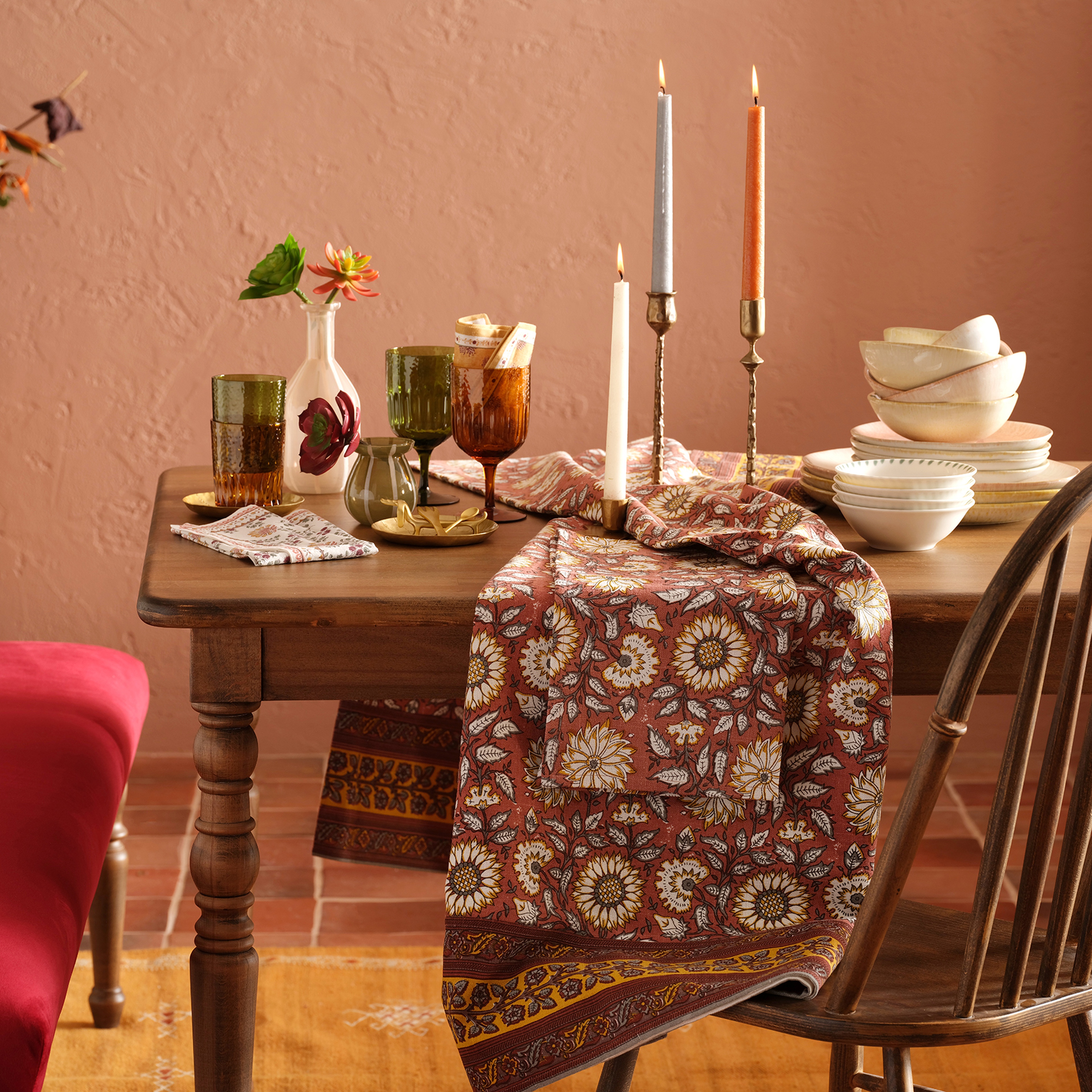 Bundı El Baskısı Pamuk %100 Pamuk Masa Örtüsü 160x240 Cm Kıremıt