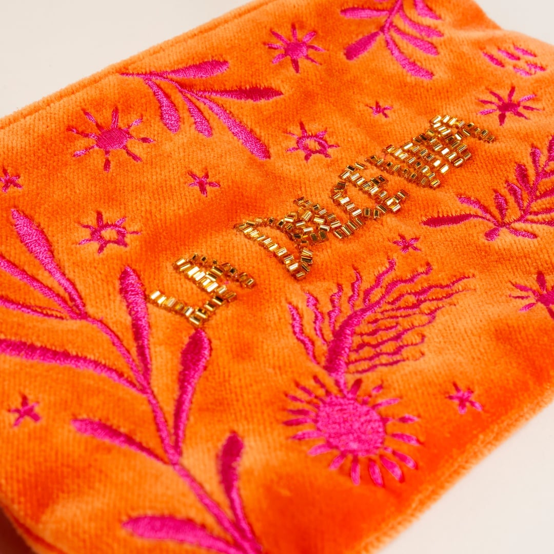 Delhı Boncuk Nakışlı Küçük Boy Pamuk Pamuk Makyaj Çantası 12x18 Cm Turuncu