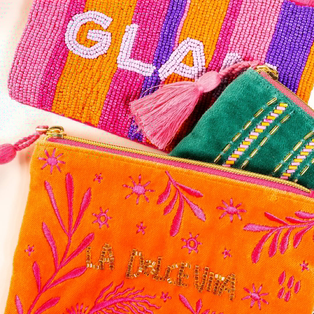 Delhı Boncuk Nakışlı Küçük Boy Pamuk Pamuk Makyaj Çantası 12x18 Cm Turuncu