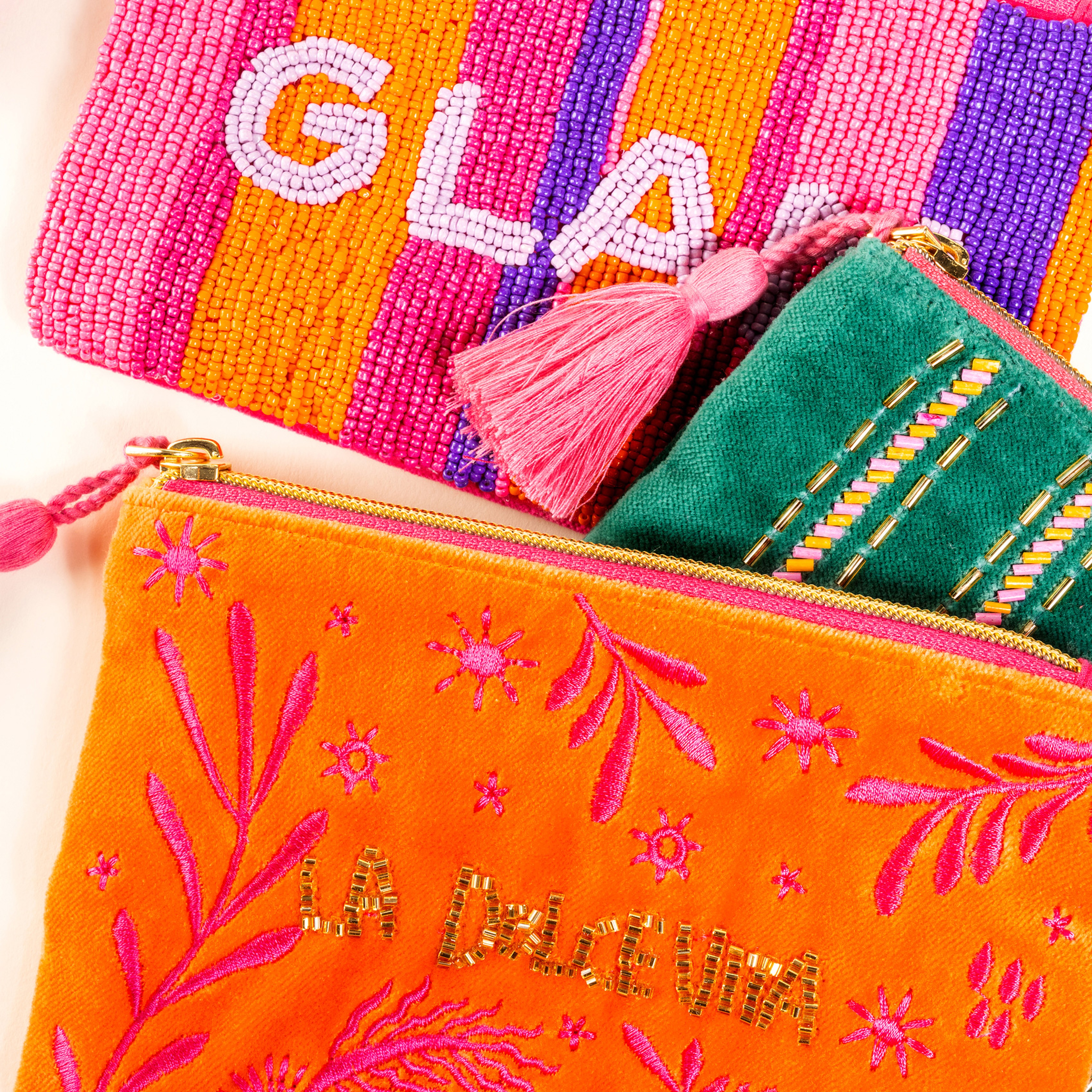 Delhı Boncuk Nakışlı Küçük Boy Pamuk Pamuk Makyaj Çantası 12x18 Cm Turuncu