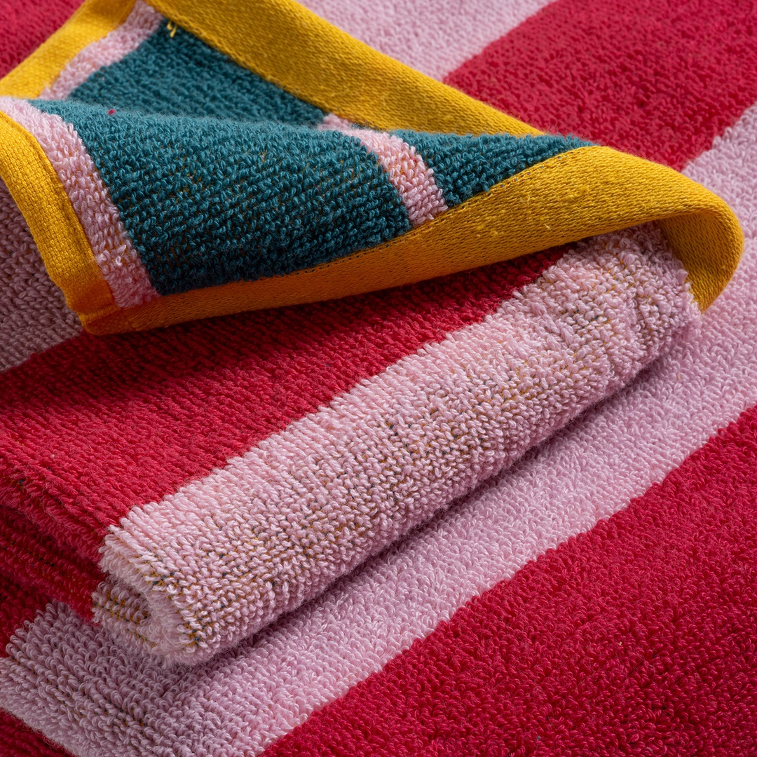 Ornaz İplik Boyalı Dar Çizgili Pamuk %100 Pamuk Banyo Havlusu 90x150 Cm Pembe - Yeşil