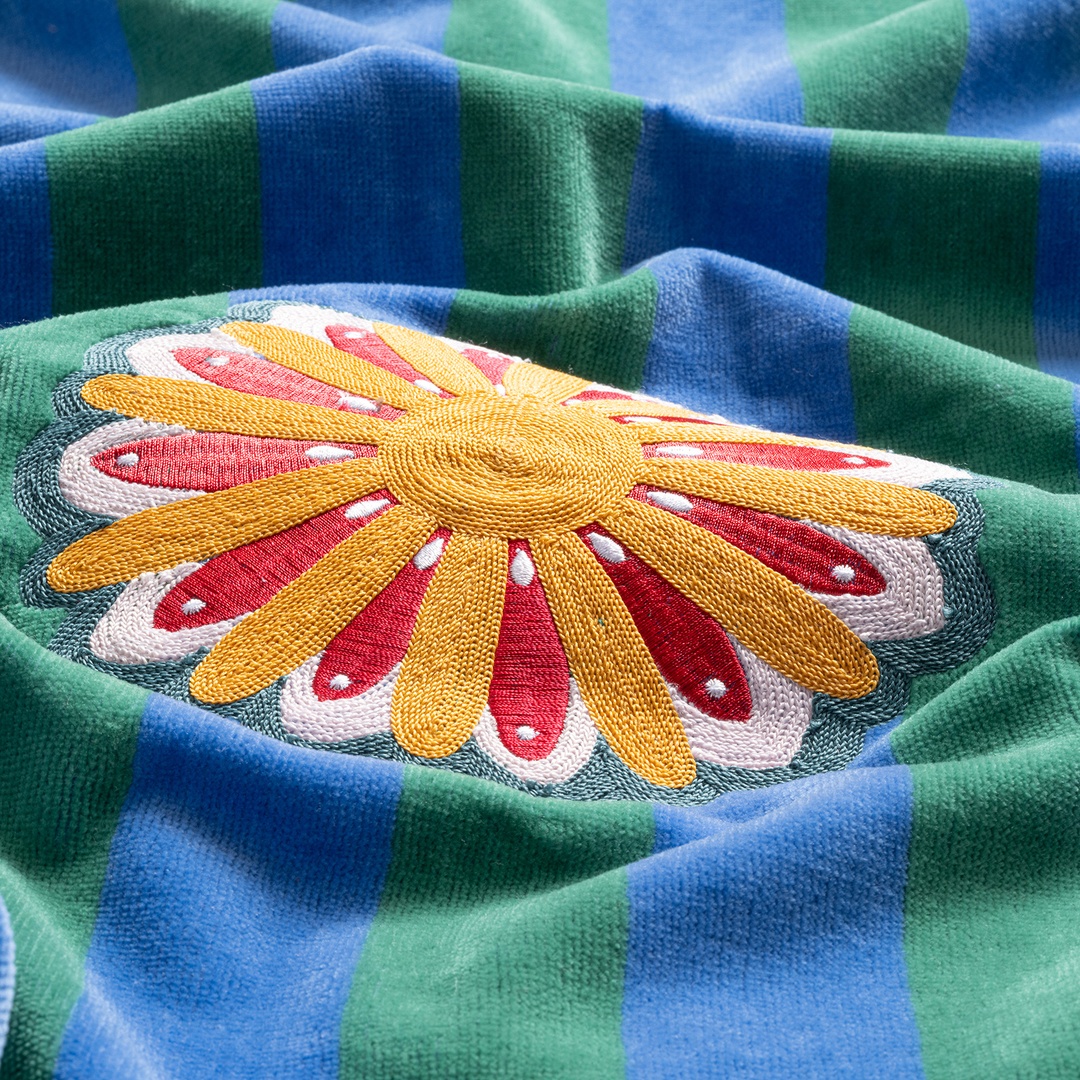 Tabea Nakışlı Kadife Pamuk %100 Pamuk Plaj Havlusu 90x180 Cm Yeşil - Mavi