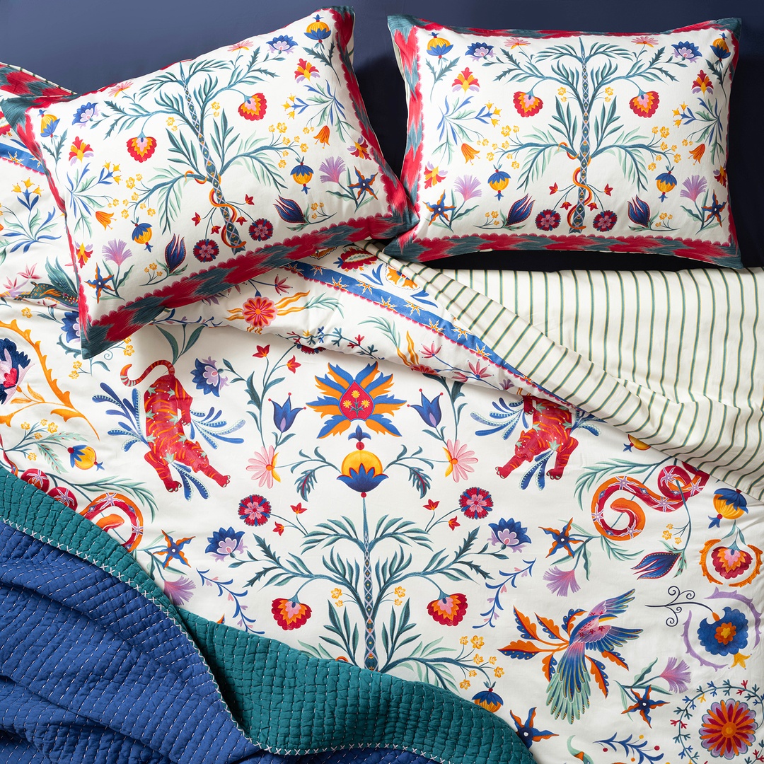 Lahor Nakışlı Baskılı 300 Tc Saten Çift Kişilik Pamuk Saten %100 Pamuk Nevresim Seti 200x220 Cm Renkli