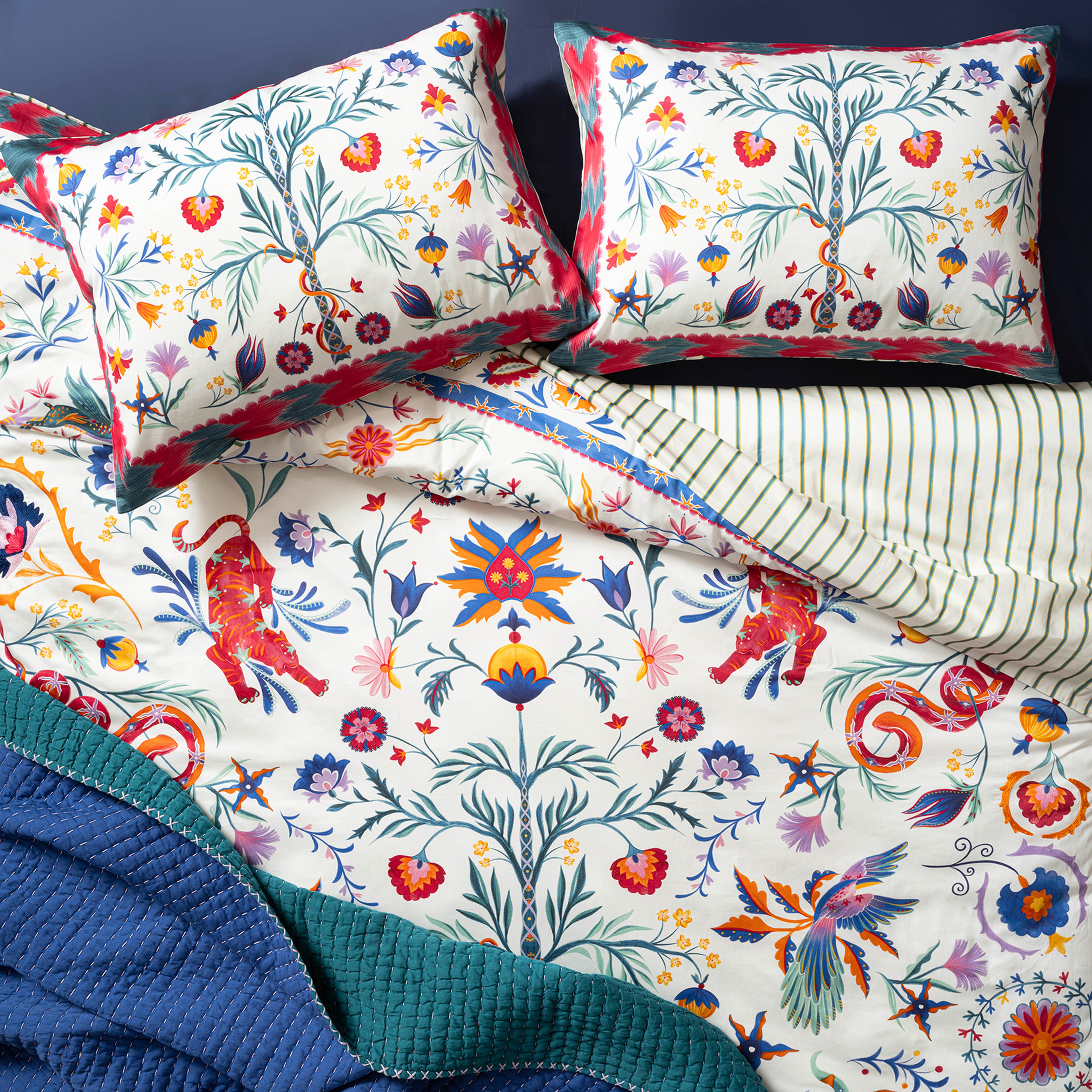 Lahor Nakışlı Baskılı 300 Tc Saten E.kıng Sıze Pamuk Saten %100 Pamuk Nevresim Seti 260x220 Cm Renkli