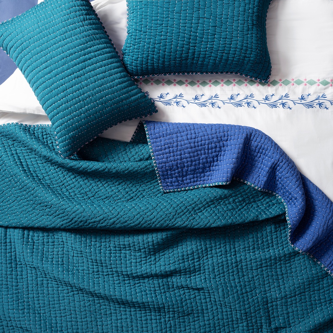 Okhla El İşi Çift Kişilik Pamuk Saten Pamuk Saten Yatak Örtüsü Seti 240x260 Cm Yeşil - Mavi