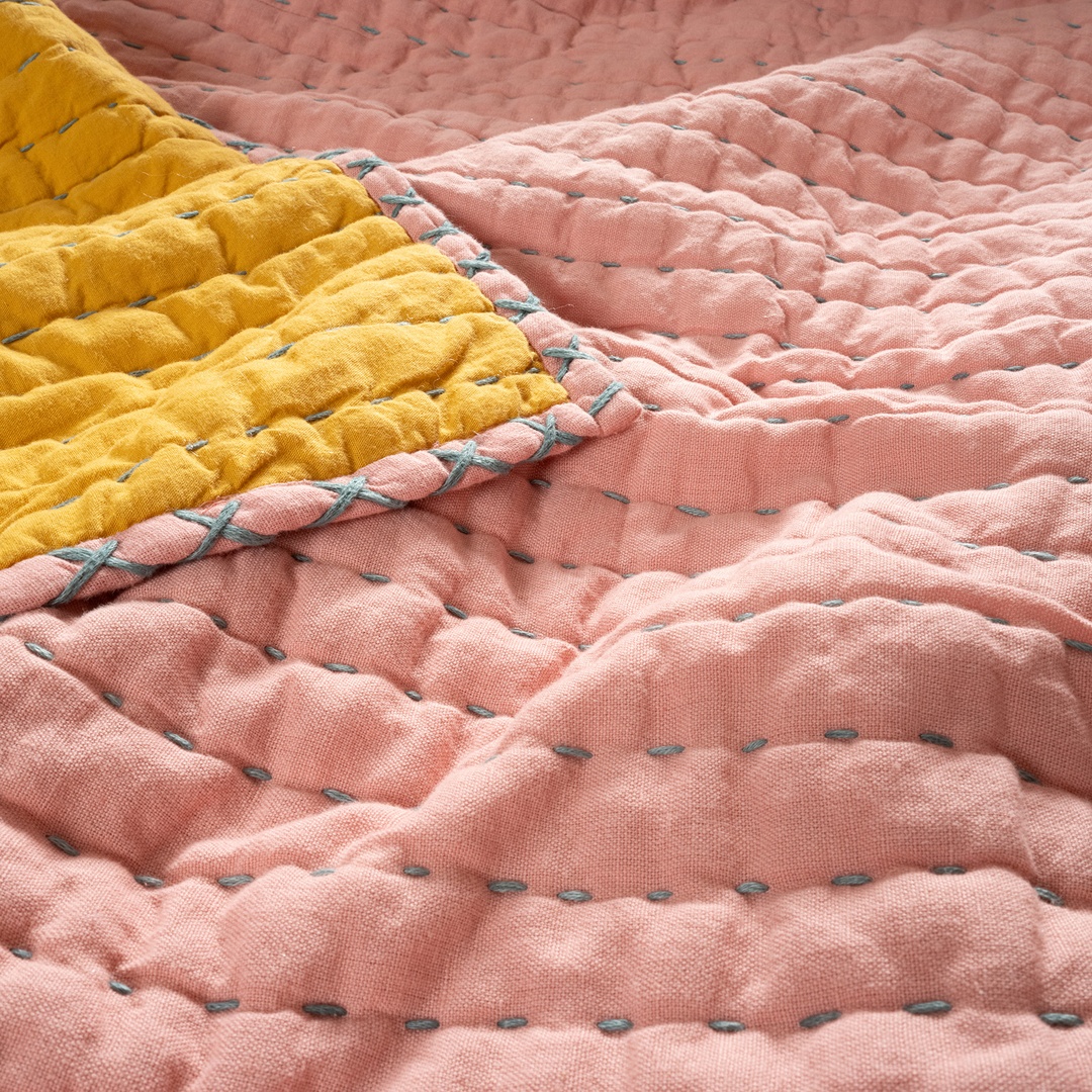 Okhla El İşi Çift Kişilik Pamuk Keten Pamuk Keten Yatak Örtüsü Seti 240x260 Cm Pembe - Sarı