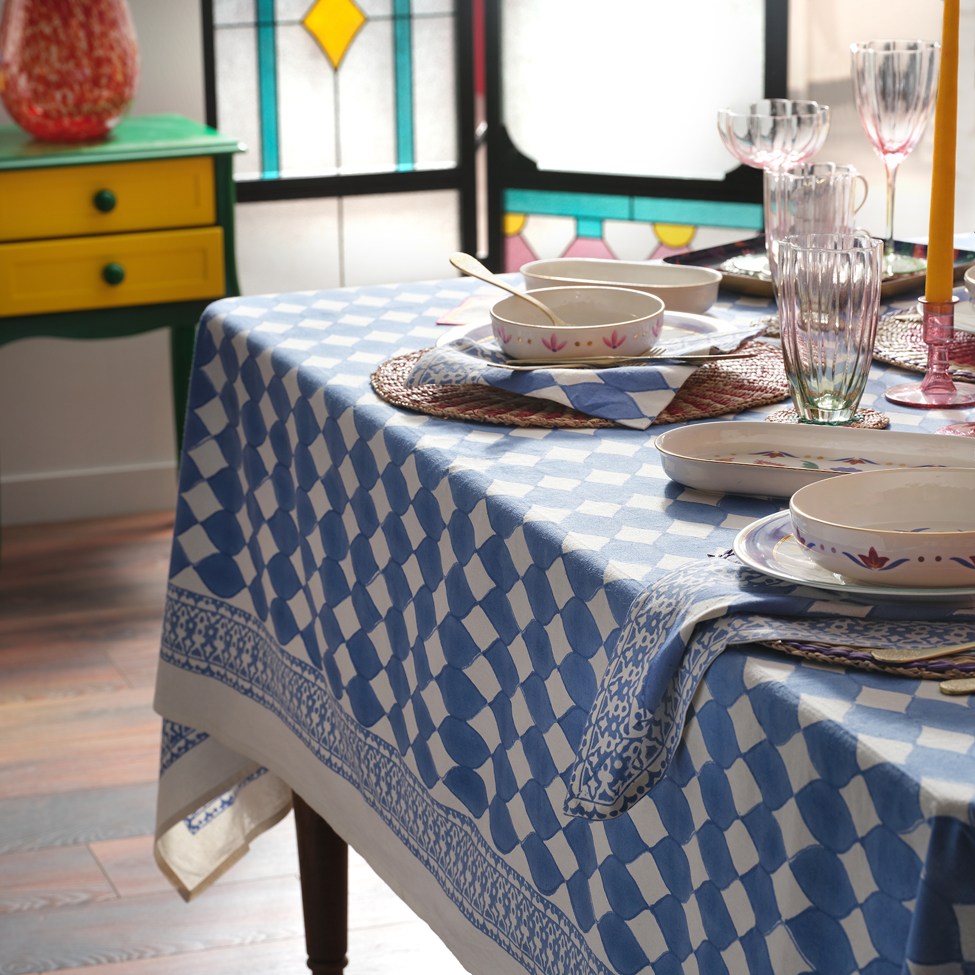 Maotha El Baskısı Pamuk %100 Pamuk Masa Örtüsü 160x240 Cm Mavi