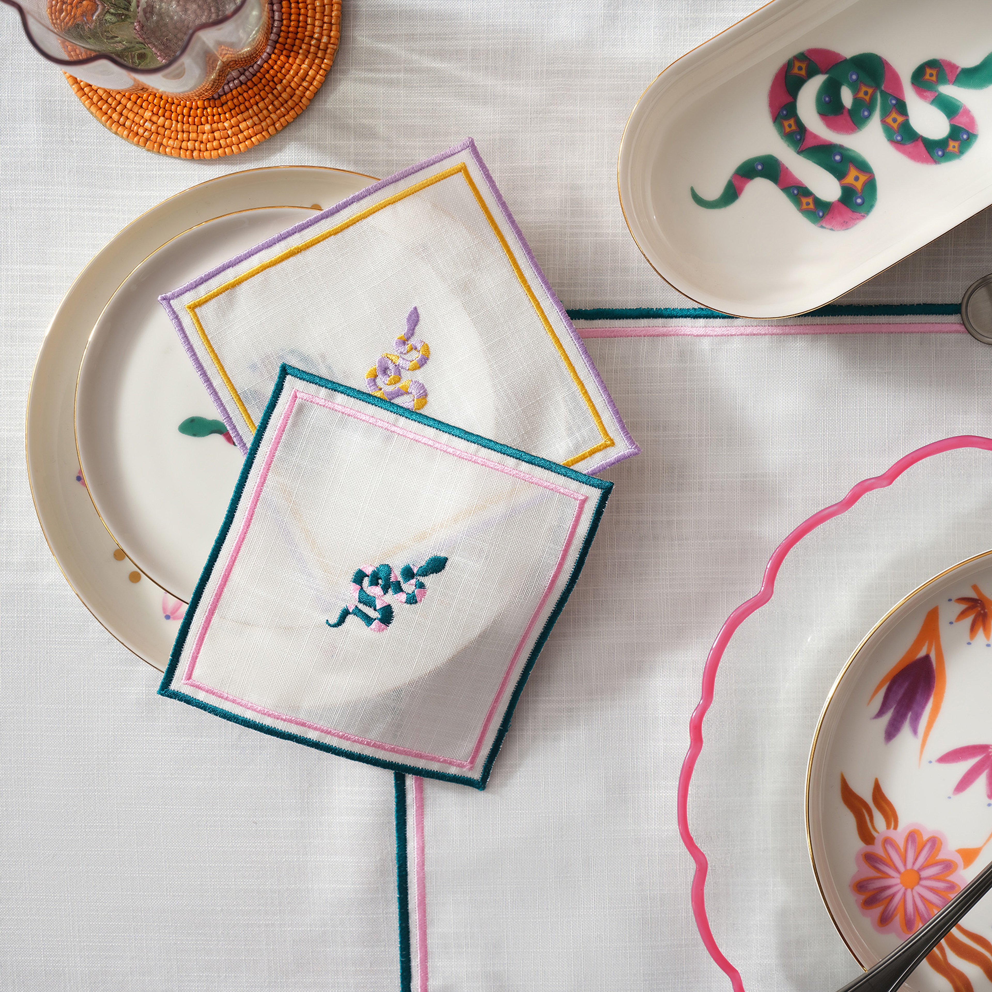 Prusa Nakışlı 4'lü Polyester %100 Polyester Kokteyl Peçetesi 13x13 Cm Ekru-renkli