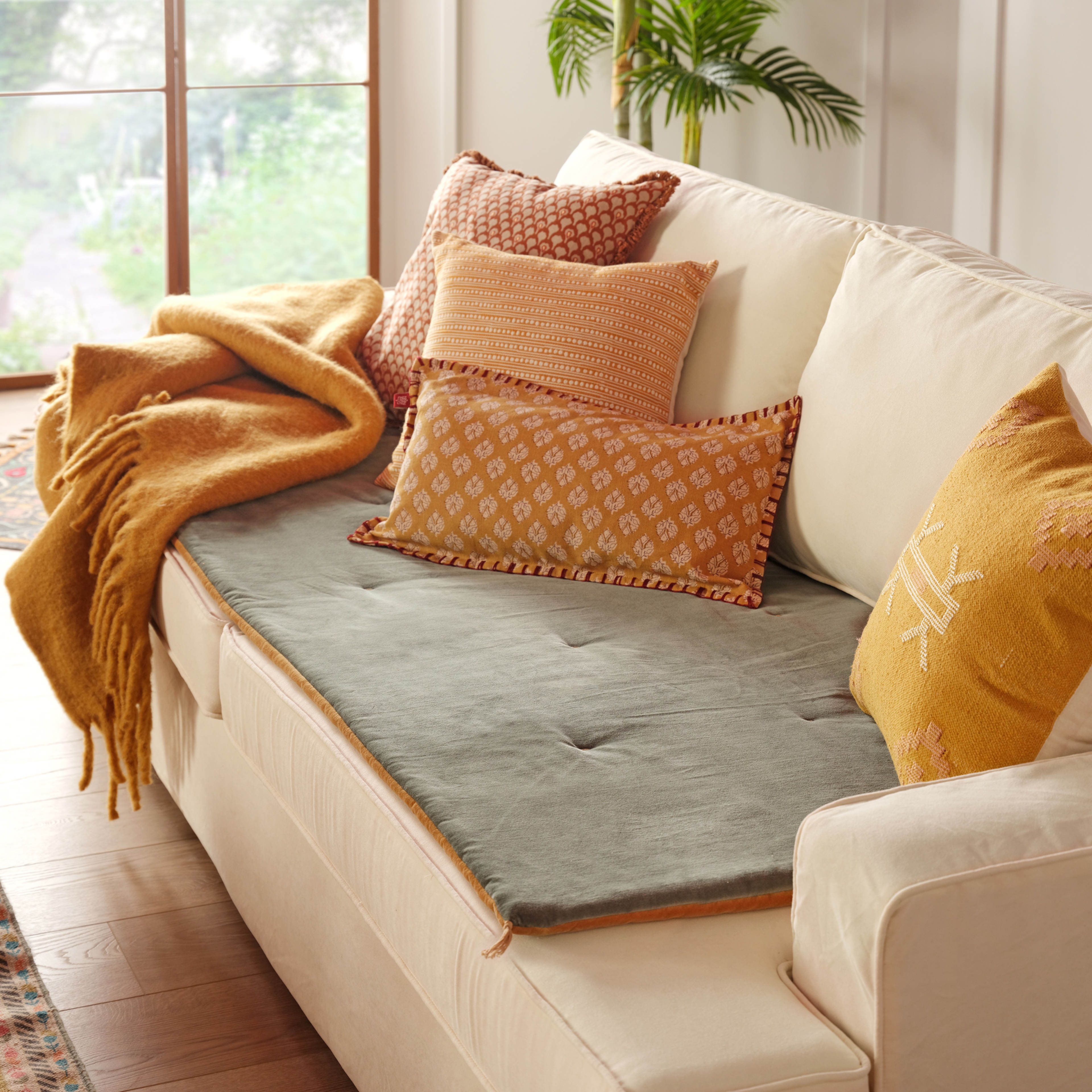 Okhla El İşi Kapitoneli Pamuk %100 Pamuk Kadife Koltuk Matı 85x185 Cm Orman Yeşilı - Hardal