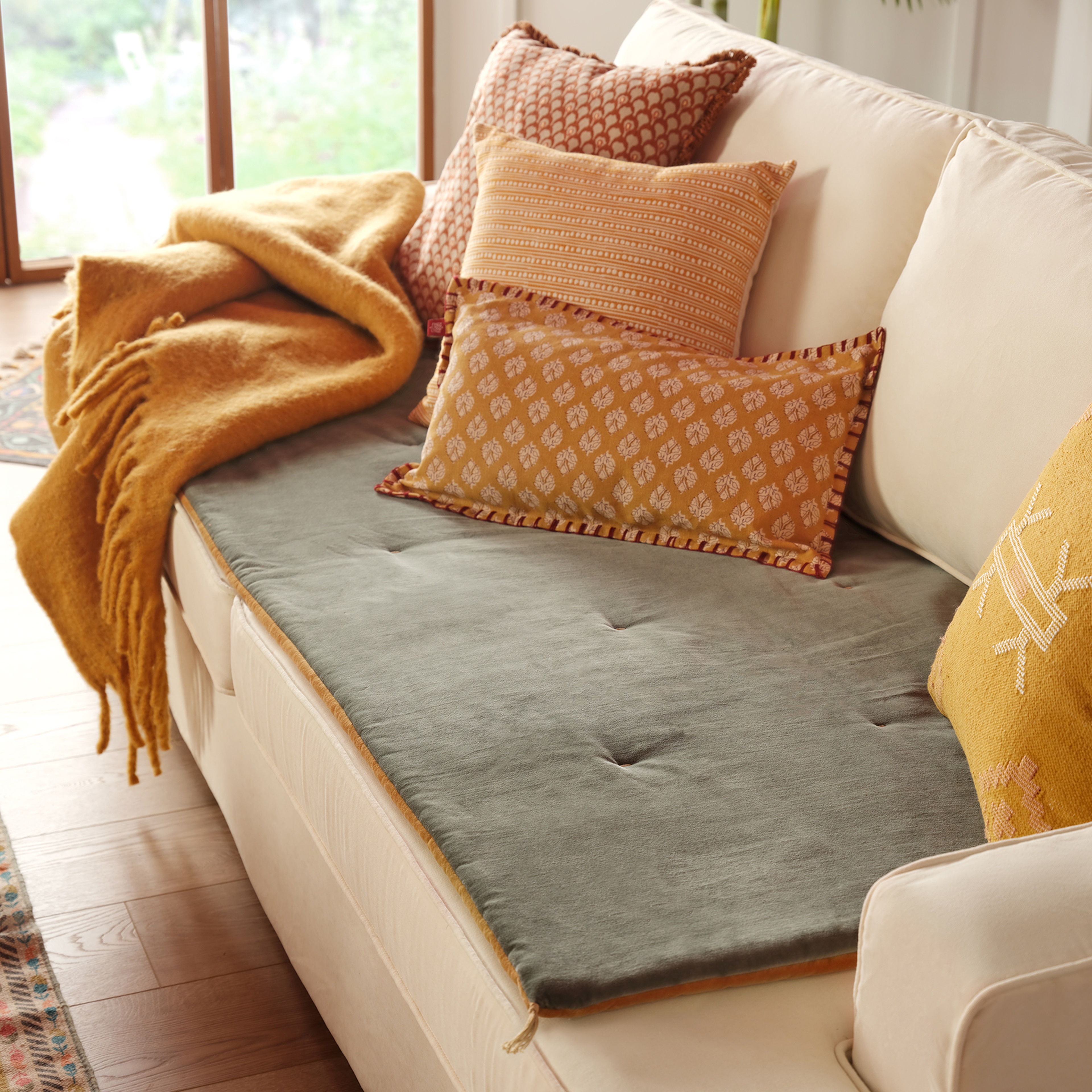 Okhla El İşi Kapitoneli Pamuk %100 Pamuk Kadife Koltuk Matı 85x185 Cm Orman Yeşilı - Hardal