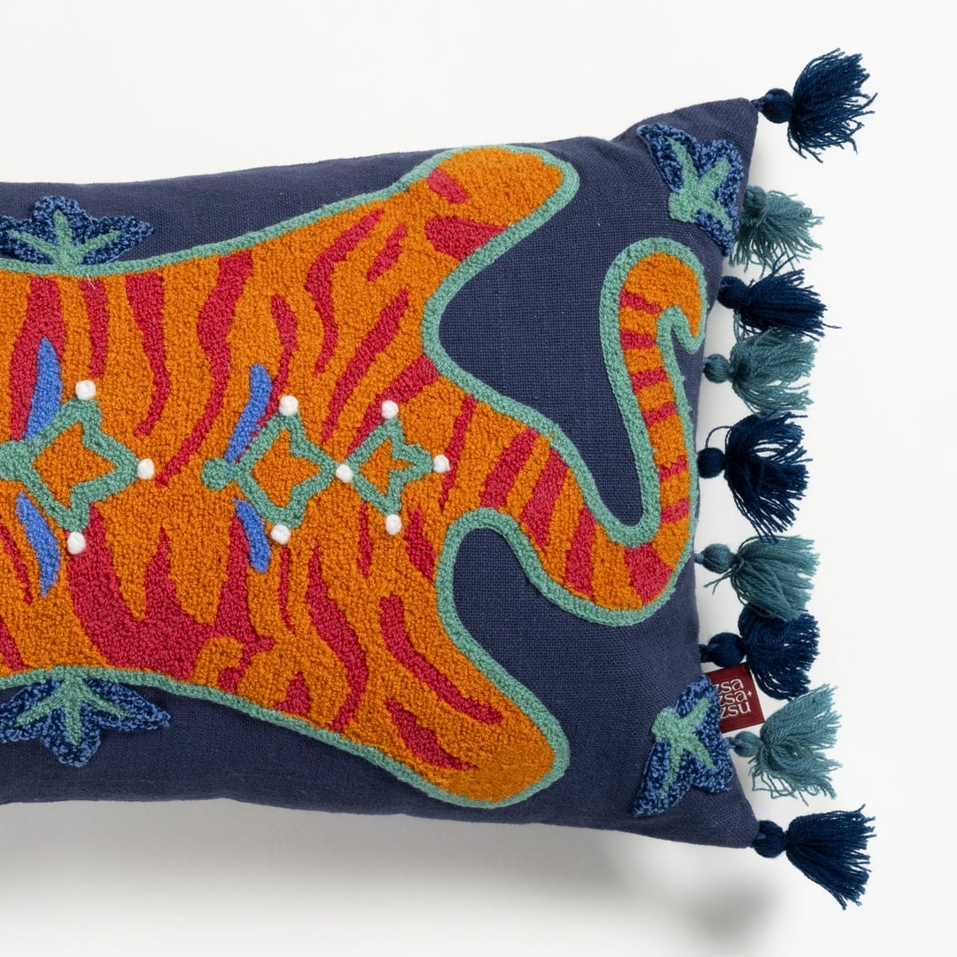 Ghunı Nakışlı Pamuk Pamuklu Dolgulu Kırlent 30x55 Cm Mavi