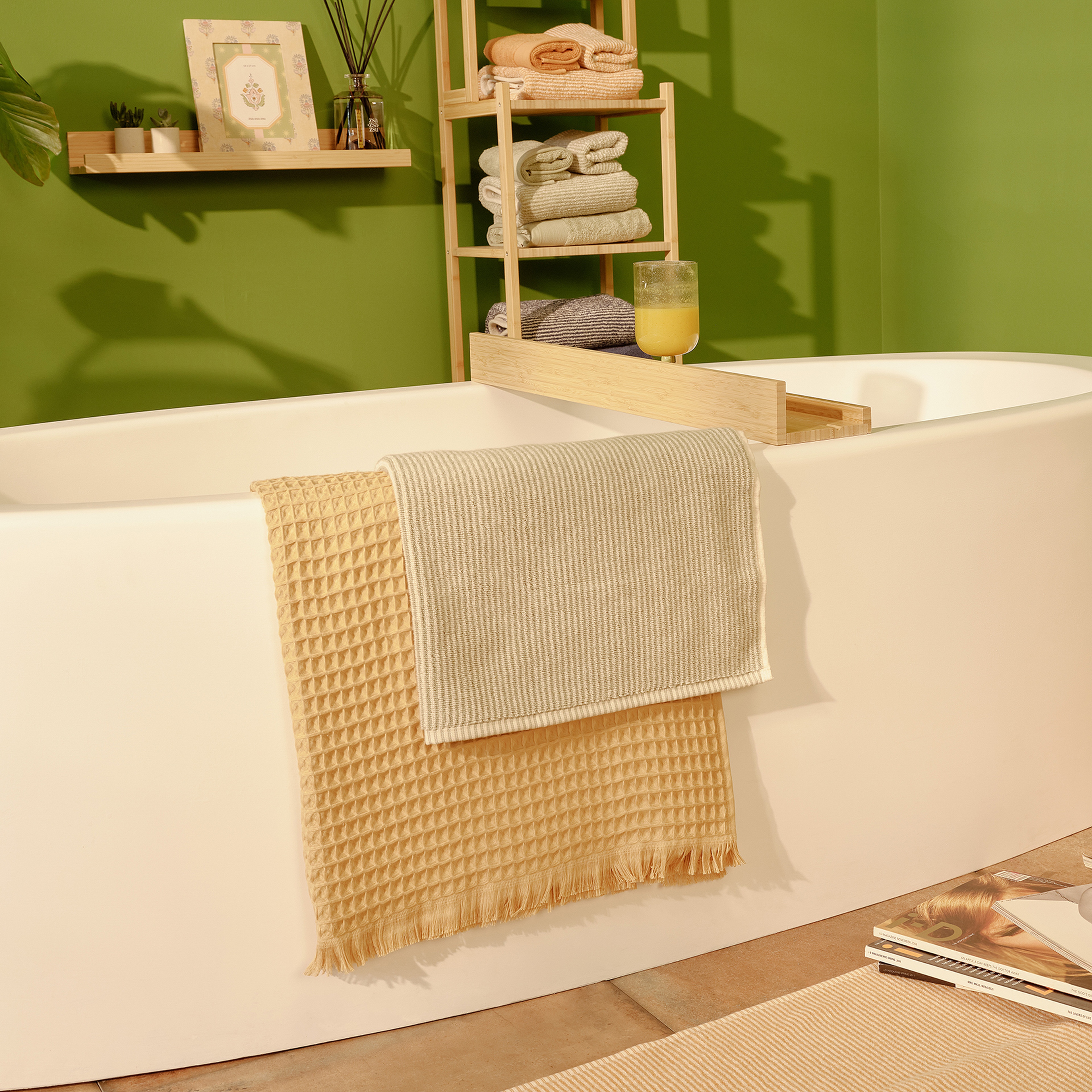 Solıd İplik Boyalı Çizgili Pamuk %100 Pamuk Banyo Havlusu 90x150 Cm Natürel - Yeşil