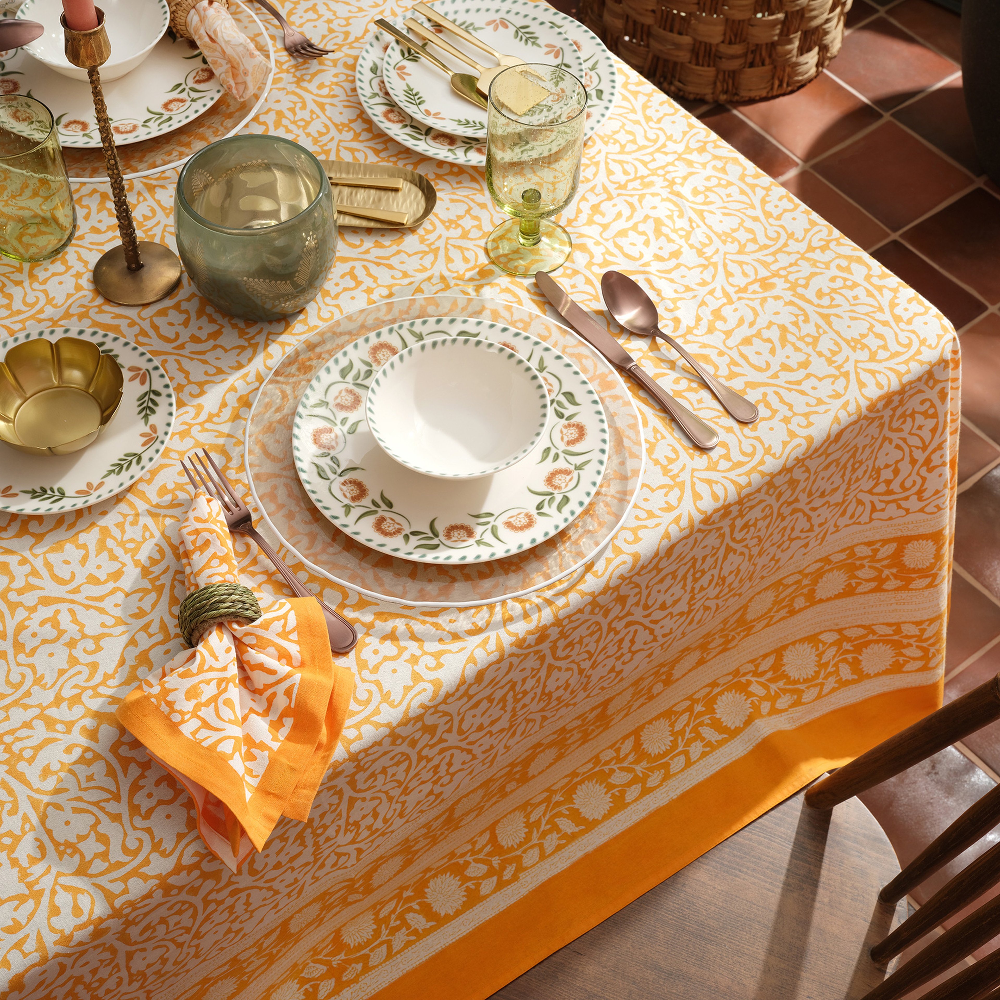 Maotha El Baskısı Pamuk %100 Pamuk Masa Örtüsü 160x240 Cm Turuncu