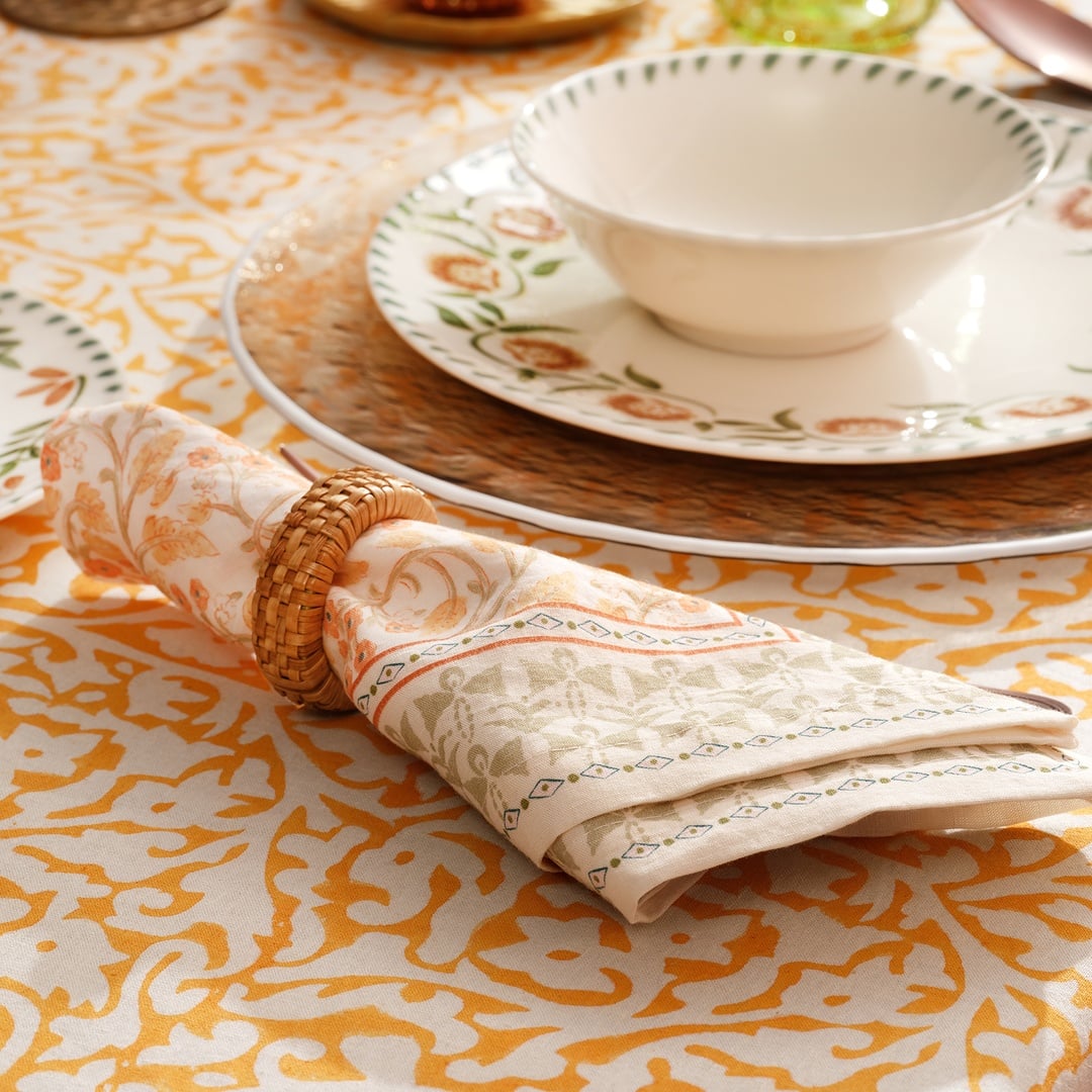 Nilüfer Baskılı Pamuk Pamuk Keten Peçete 45x45 Cm Yeşil - Sarı