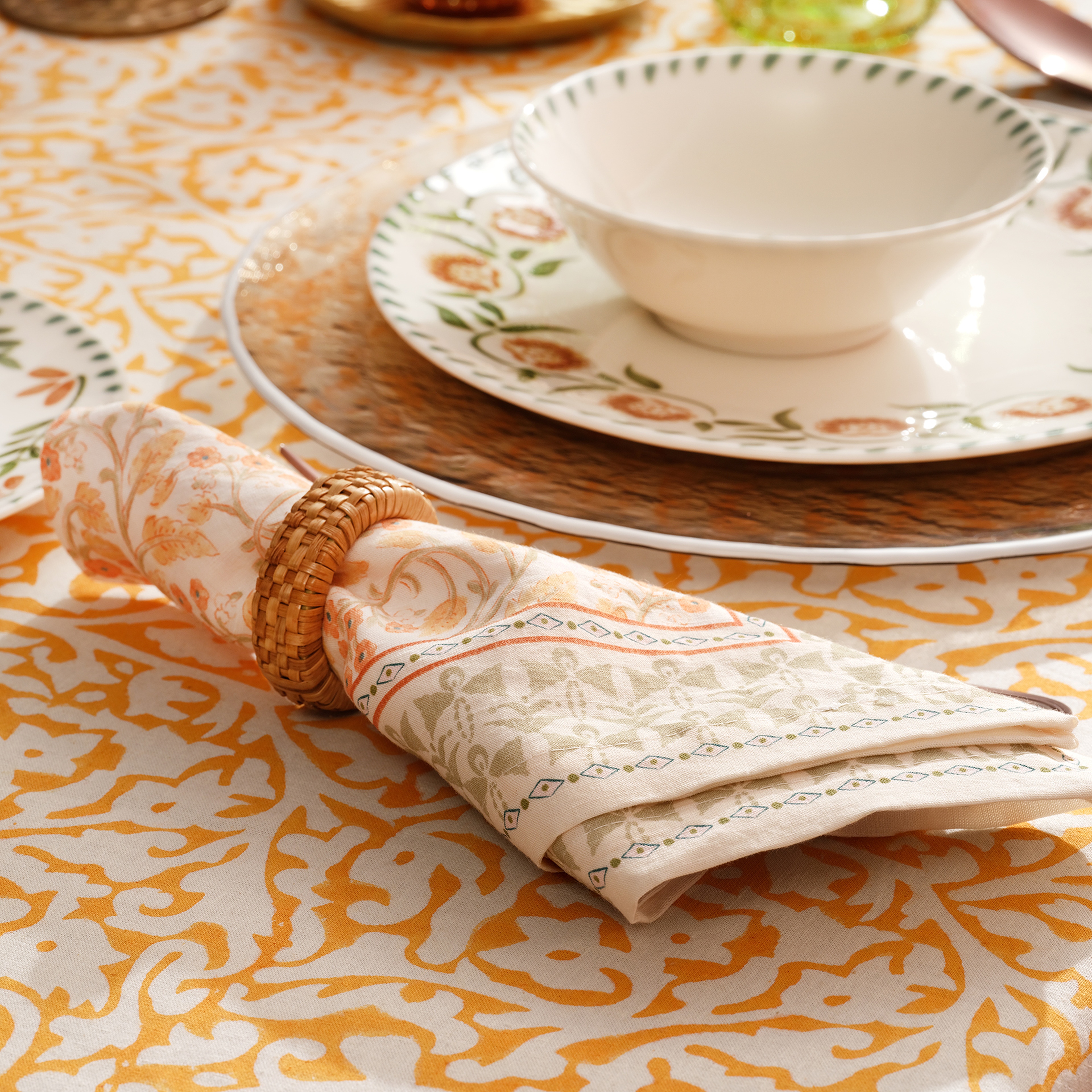 Nilüfer Baskılı Pamuk Pamuk Keten Peçete 45x45 Cm Yeşil - Sarı