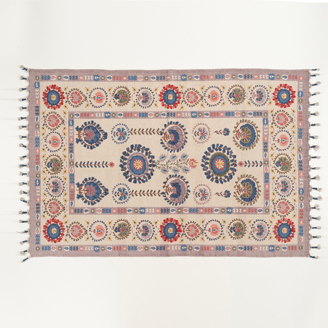 Palrı Nakışlı Pamuk Pamuk Kilim 80x150 Cm Krem