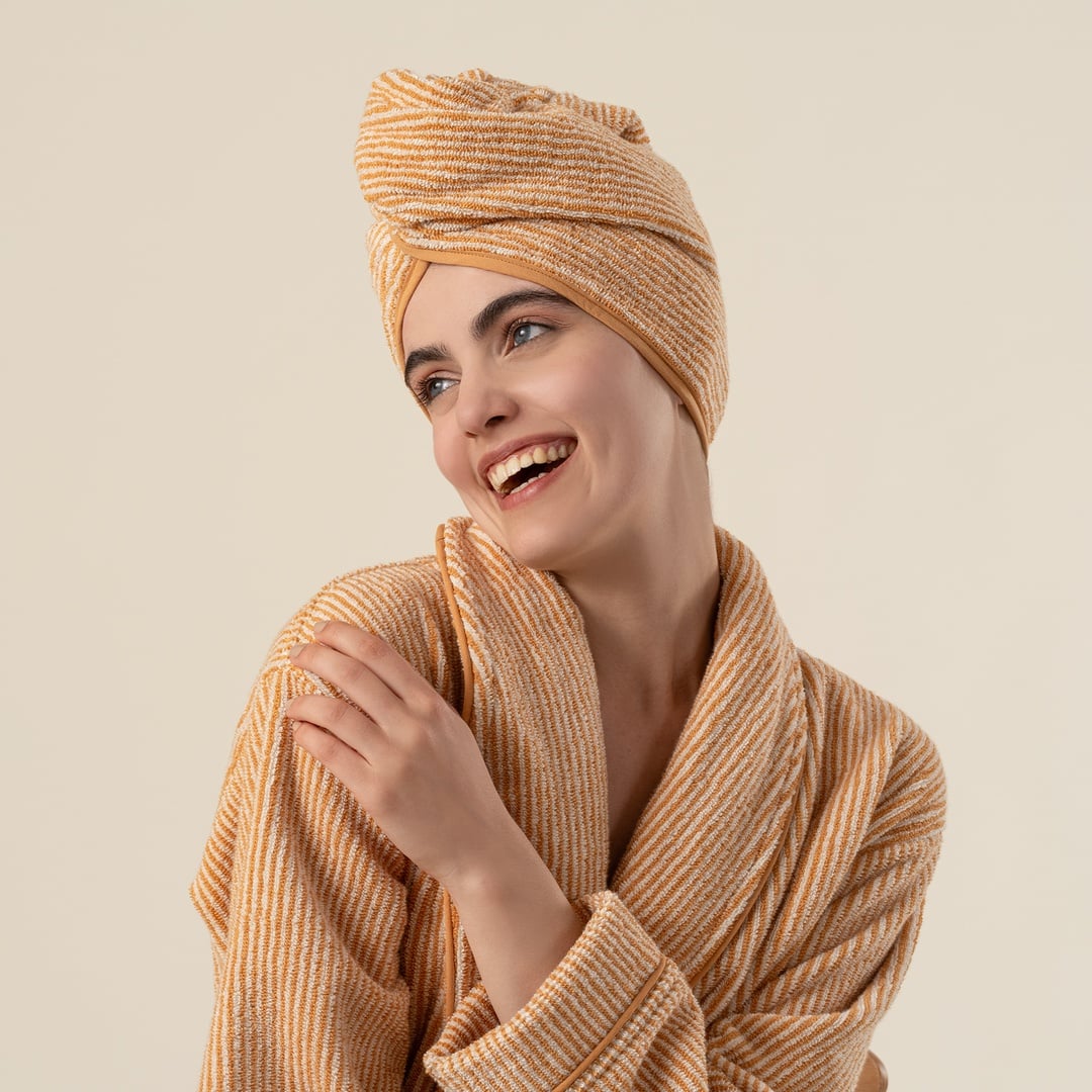 Solıd İplik Boyalı Çizgili Pamuk %100 Pamuk Saç Havlusu Standart Beden Natürel - Tarçın