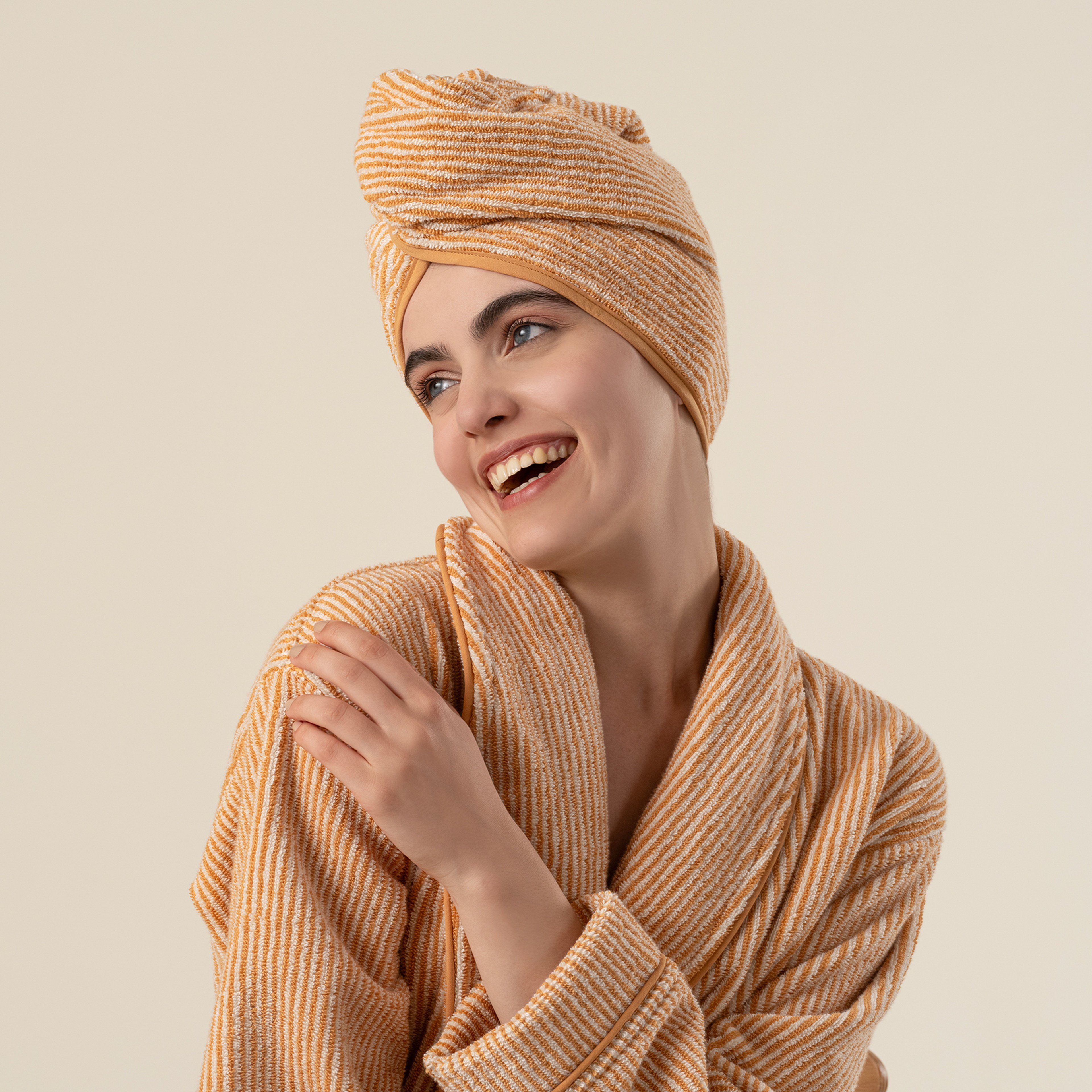 Solıd İplik Boyalı Çizgili Pamuk %100 Pamuk Saç Havlusu Standart Beden Natürel - Tarçın