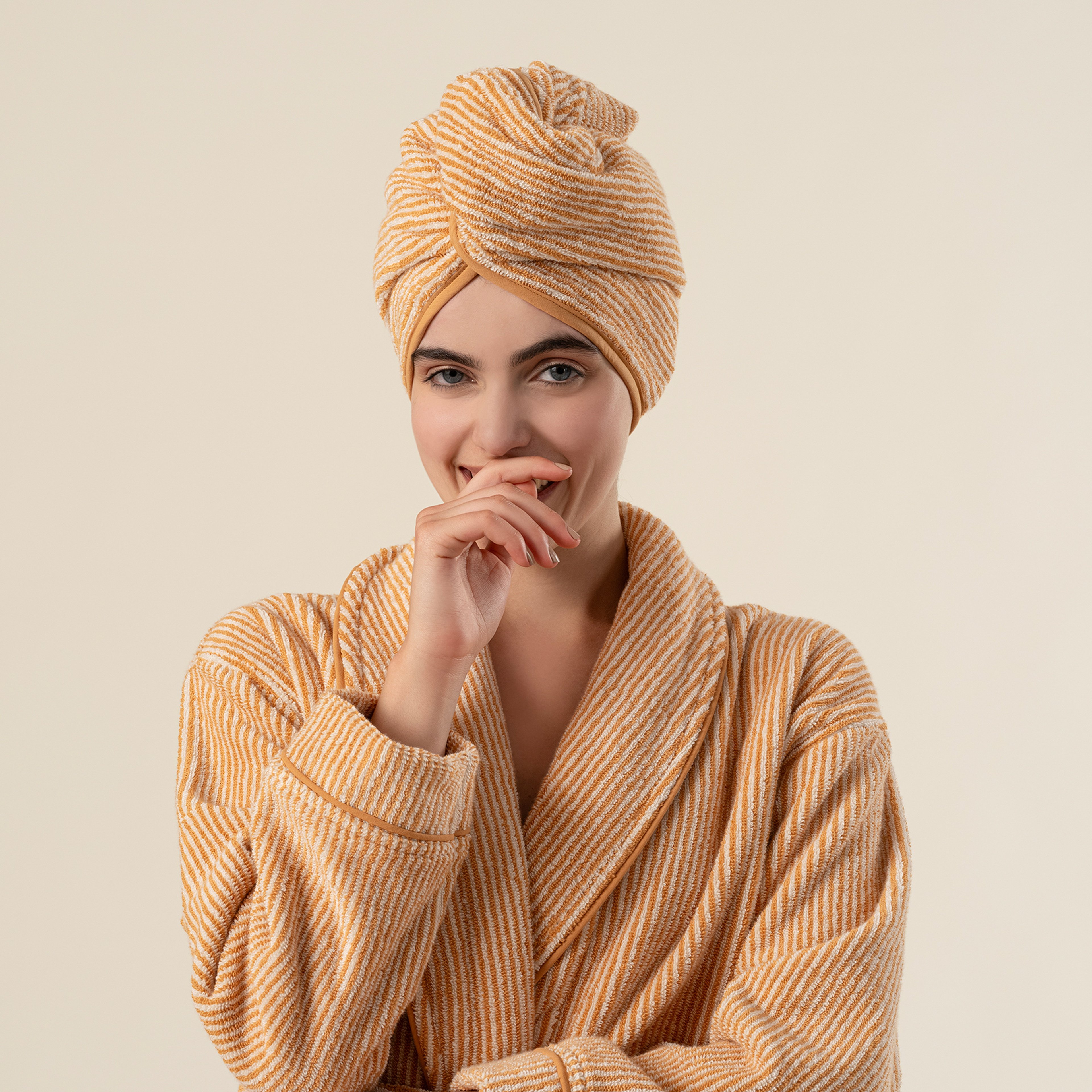 Solıd İplik Boyalı Çizgili Pamuk %100 Pamuk Saç Havlusu Standart Beden Natürel - Tarçın