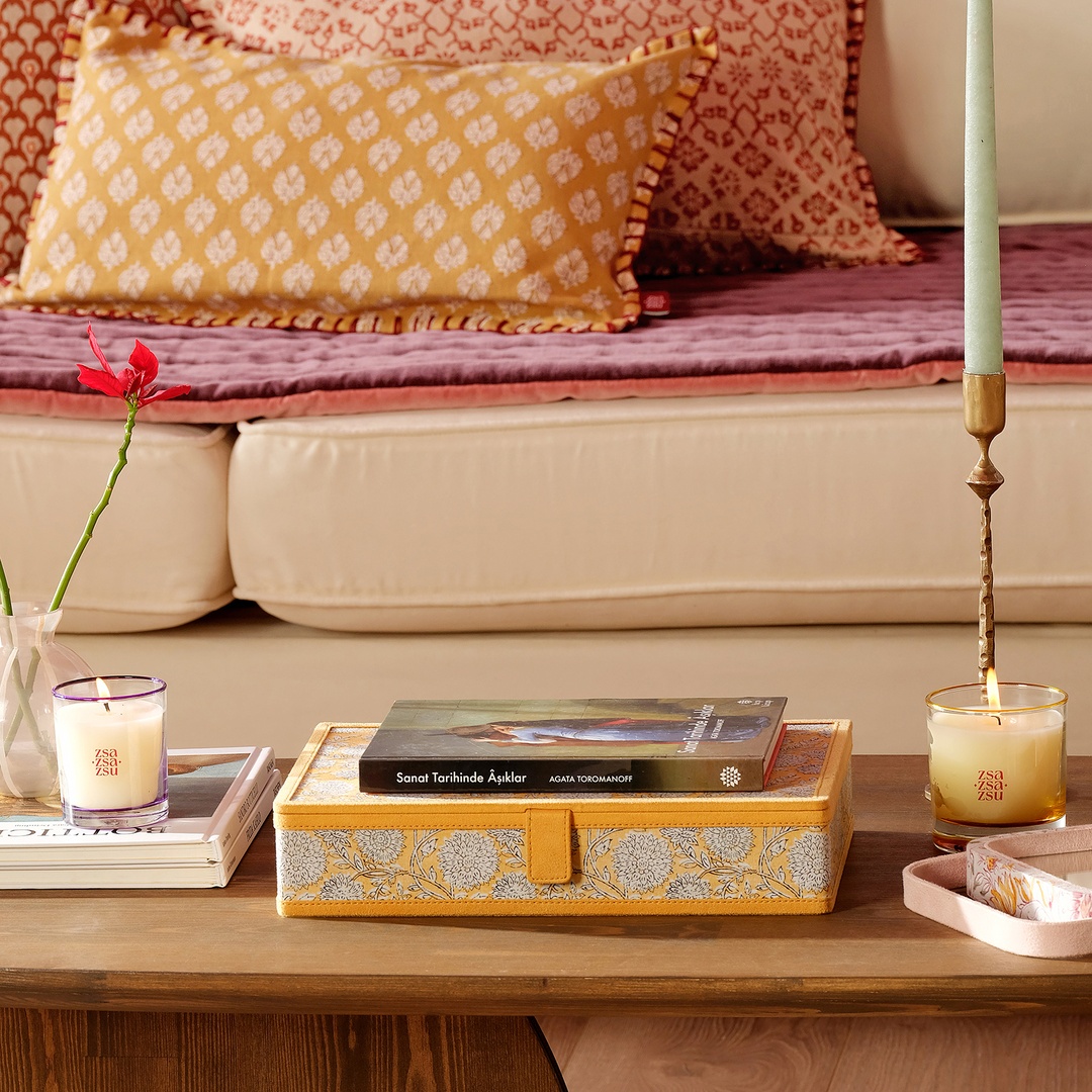 Noıda Baskılı Pamuk Dekoratif Kutu 32.80x21.60 Cm Sarı