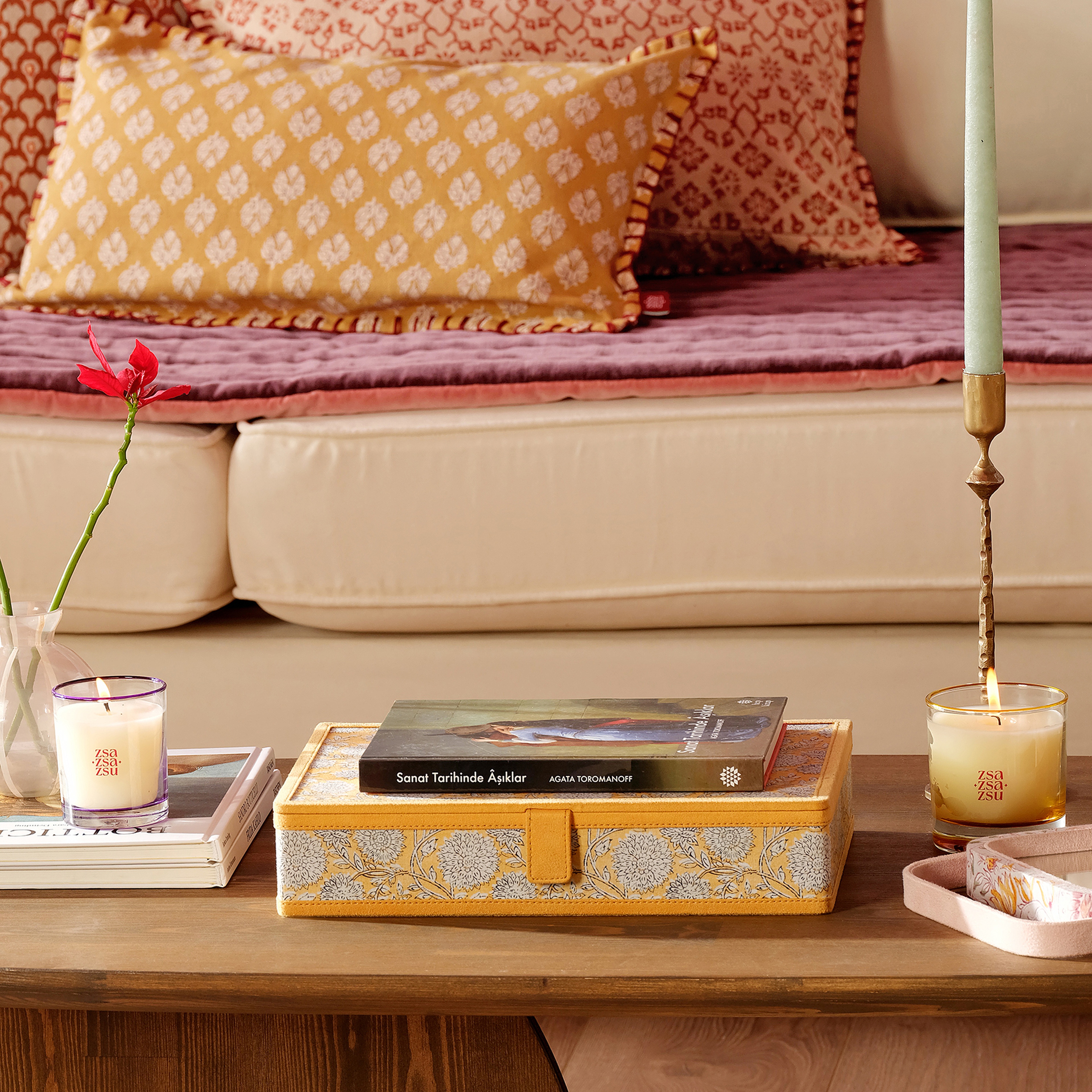 Noıda Baskılı Pamuk Dekoratif Kutu 32.80x21.60 Cm Sarı