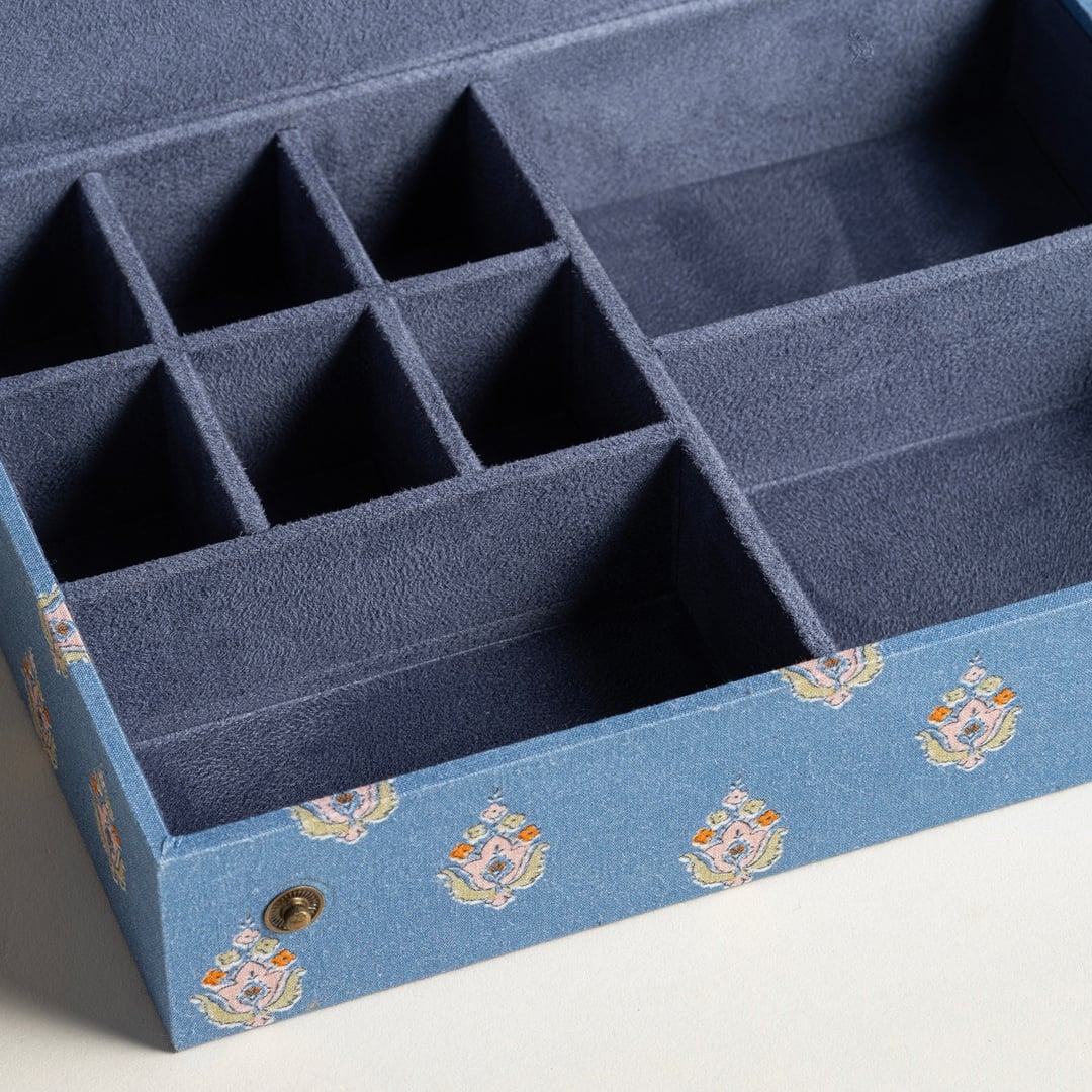 Noıda Baskılı Pamuk Dekoratif Kutu 22.20x16.80 Cm Mavi