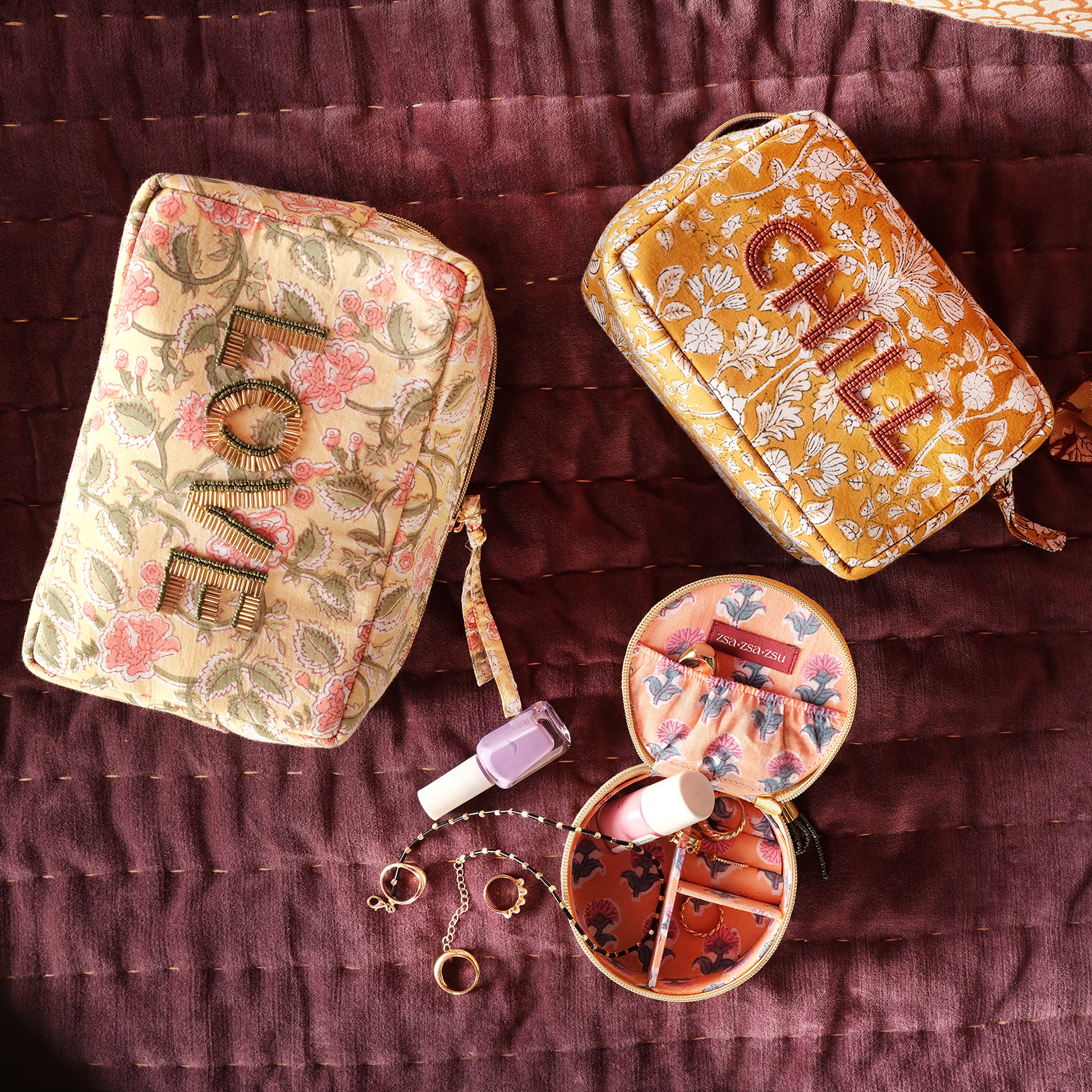 Delhı Nakışlı El Baskısı Büyük Boy Pamuk Pamuk Makyaj Çantası 23x14 Cm Renkli