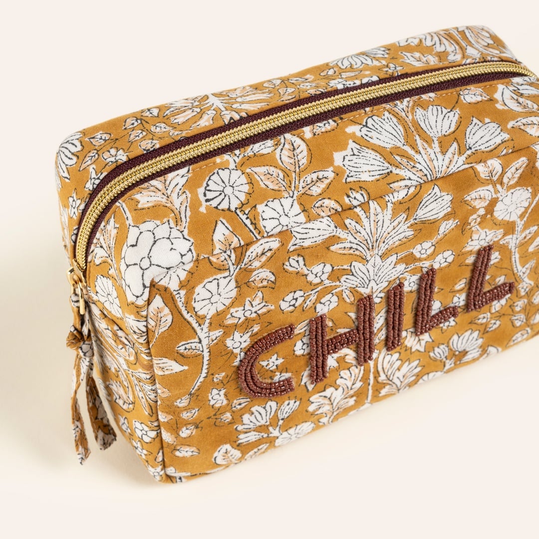 Delhı Nakışlı El Baskısı Küçük Boy Pamuk Pamuk Makyaj Çantası 12x18 Cm Sarı