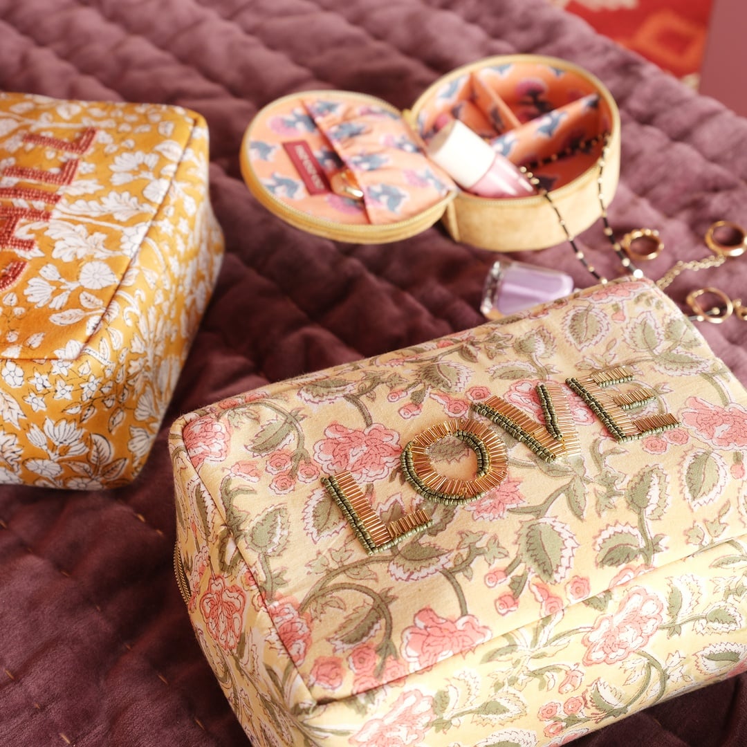 Delhı Nakışlı El Baskısı Küçük Boy Pamuk Pamuk Makyaj Çantası 12x18 Cm Sarı