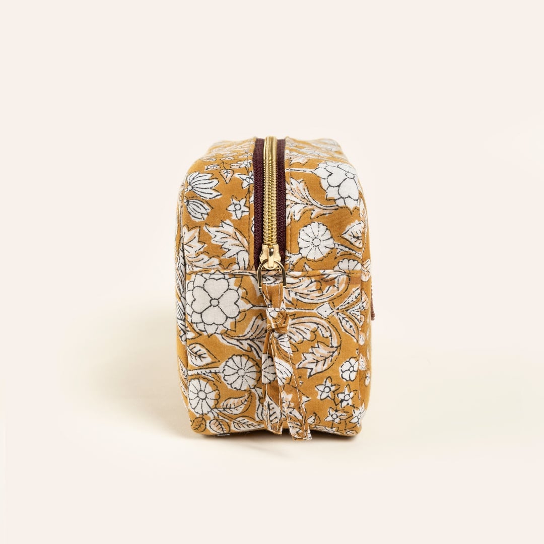 Delhı Nakışlı El Baskısı Küçük Boy Pamuk Pamuk Makyaj Çantası 12x18 Cm Sarı