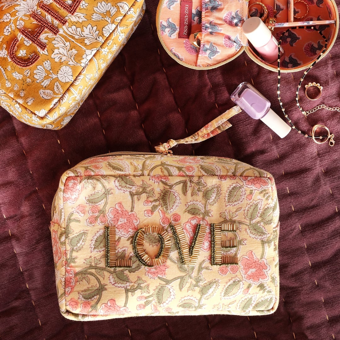 Delhı Nakışlı El Baskısı Küçük Boy Pamuk Pamuk Makyaj Çantası 12x18 Cm Sarı