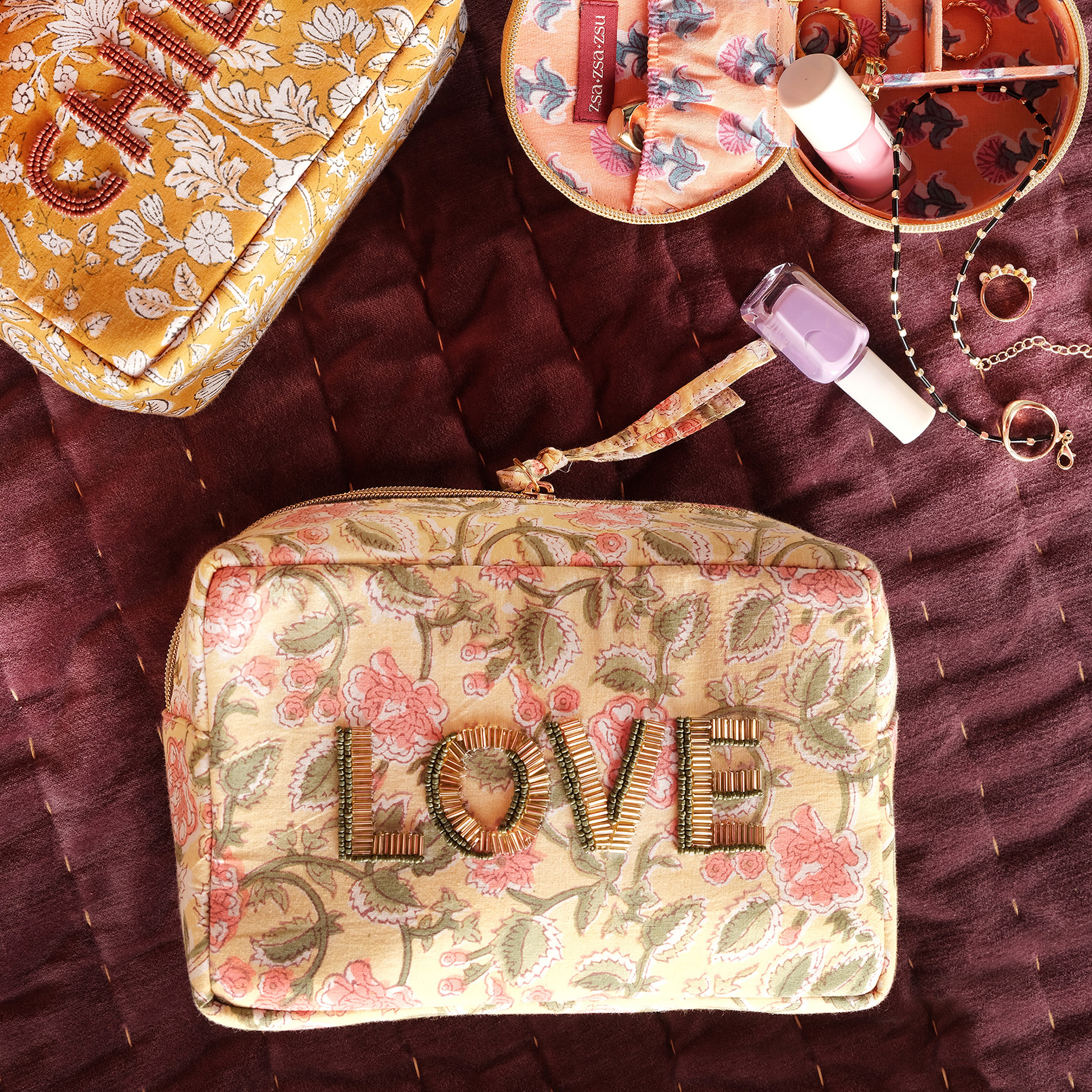 Delhı Nakışlı El Baskısı Küçük Boy Pamuk Pamuk Makyaj Çantası 12x18 Cm Sarı